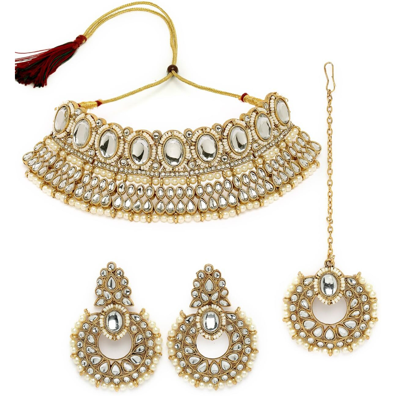 Sukkhi Delightful Trendy Gold Plated White Kundan & Beads Choker Necklace Set With Earring And Maangtika | Jewellery Set For Women (NS105576)