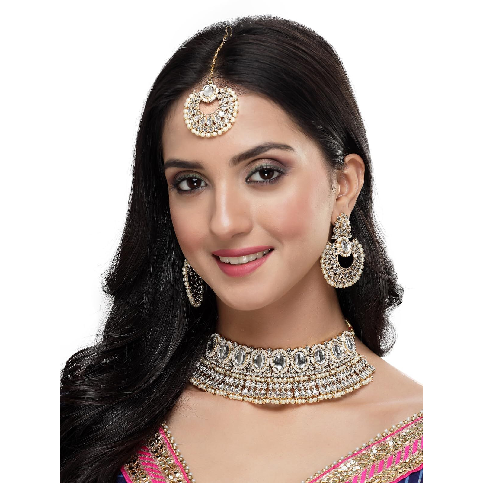 Sukkhi Delightful Trendy Gold Plated White Kundan & Beads Choker Necklace Set With Earring And Maangtika | Jewellery Set For Women (NS105576)