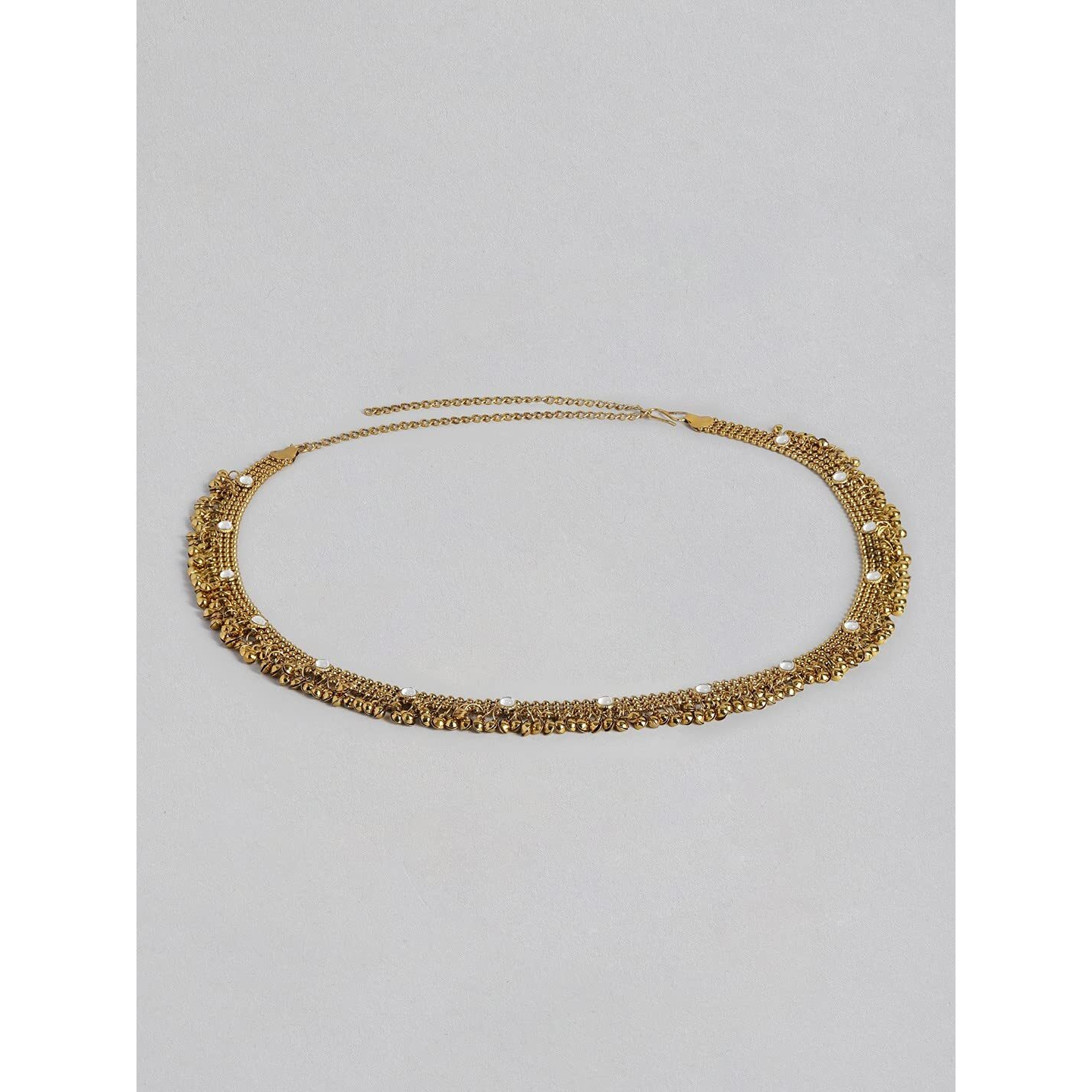 I Jewels 18K Gold Plated Traditional Ethnic Stone Studded With Ghungroo Work Adjustable Boho Waist Chain/Belly Chain/Kamarband For Women (B023)
