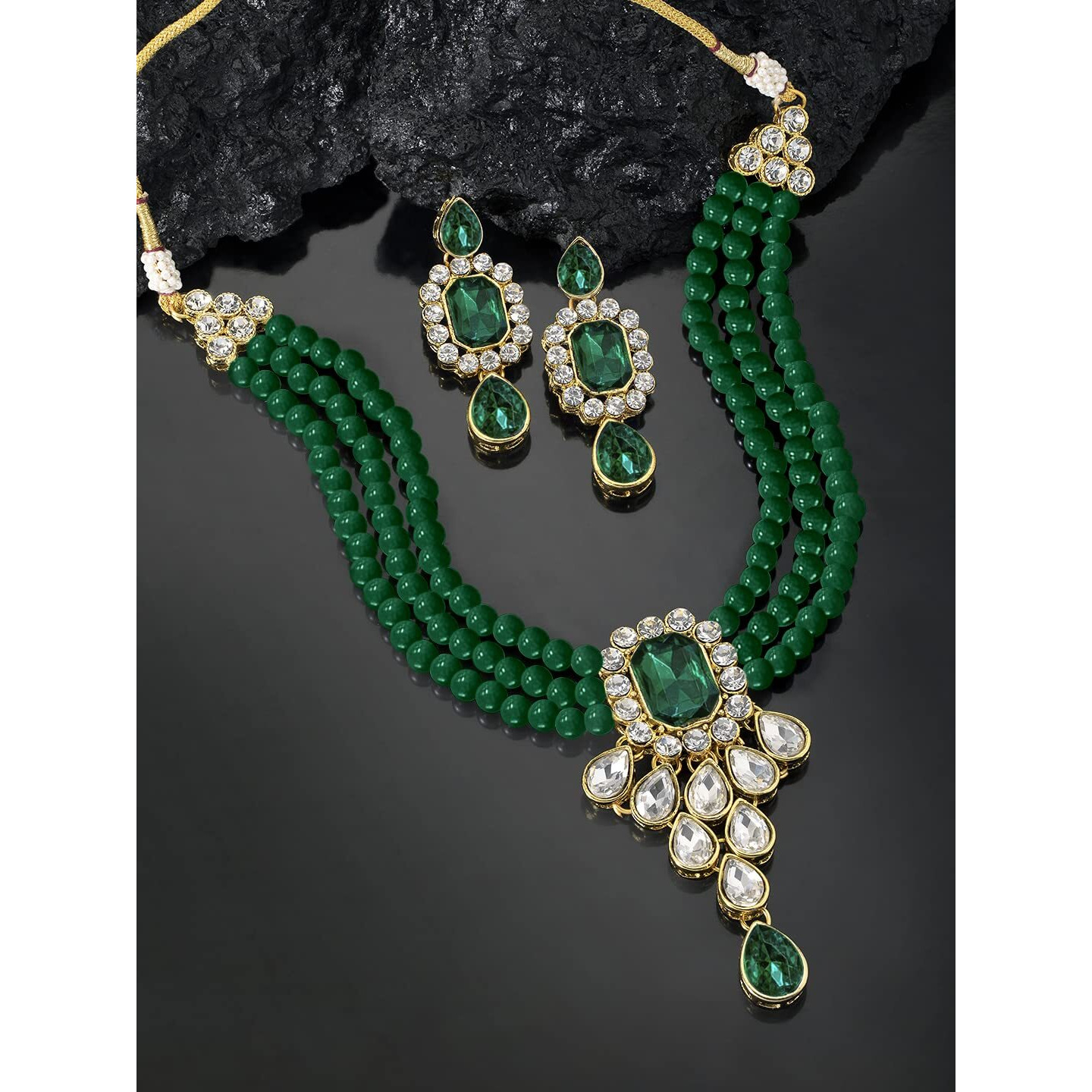 Peora Gold Plated Crystal Kundan Necklace with Drop Earrings Jewellery Set for Girls & Women (Green)