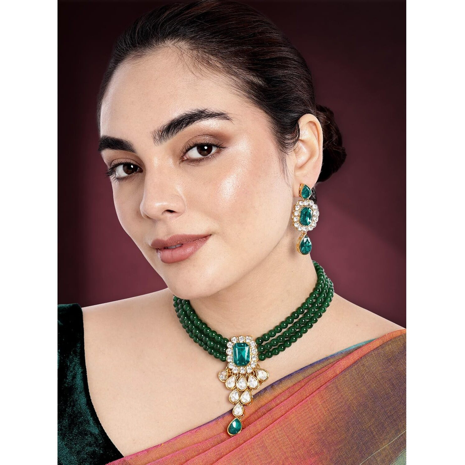 Peora Gold Plated Crystal Kundan Necklace with Drop Earrings Jewellery Set for Girls & Women (Green)