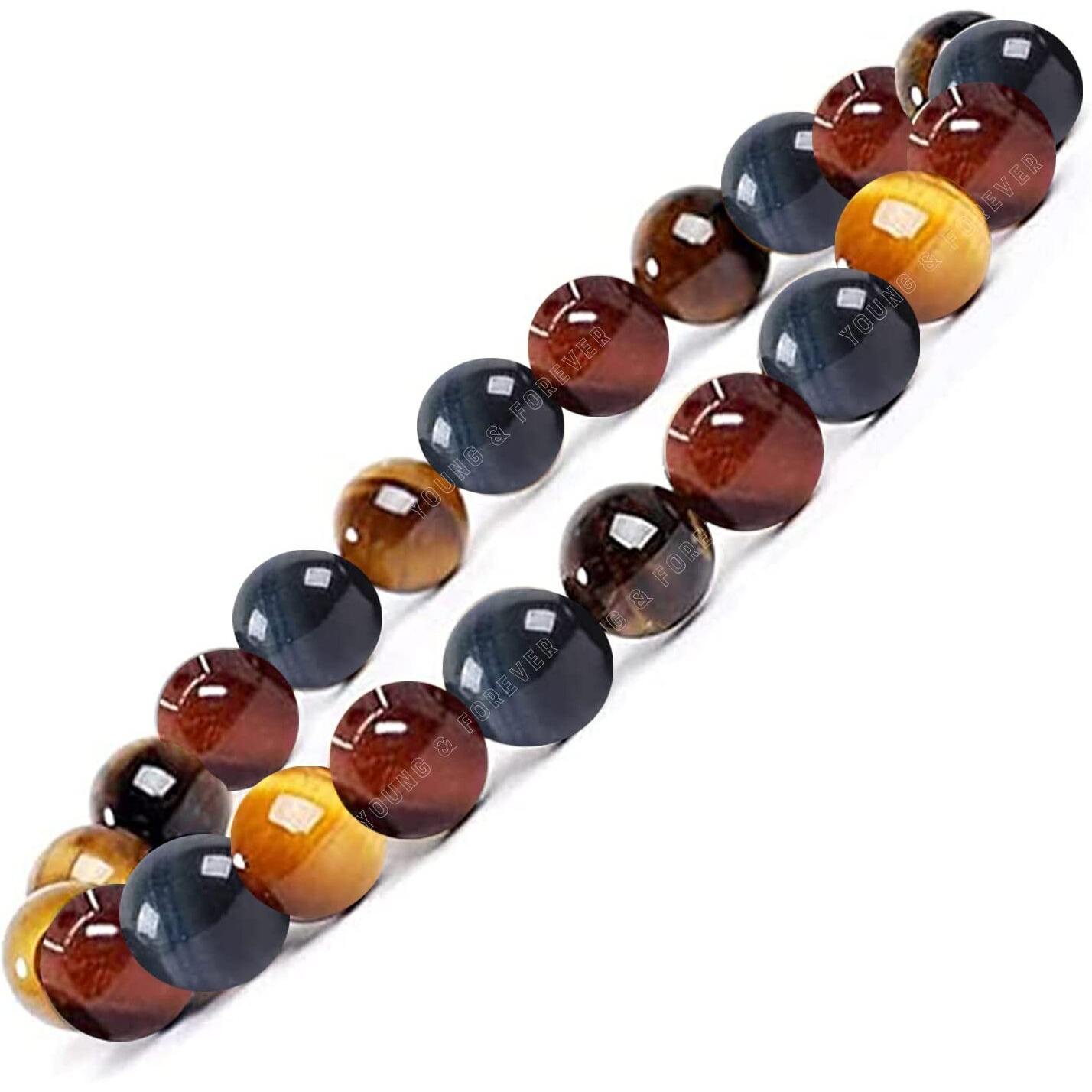 Young & Forever Gift Natural Reiki Feng-Shui Healing Crystal Beaded Gem Stone Tri Color Tiger Eye Bracelet for Men and Women