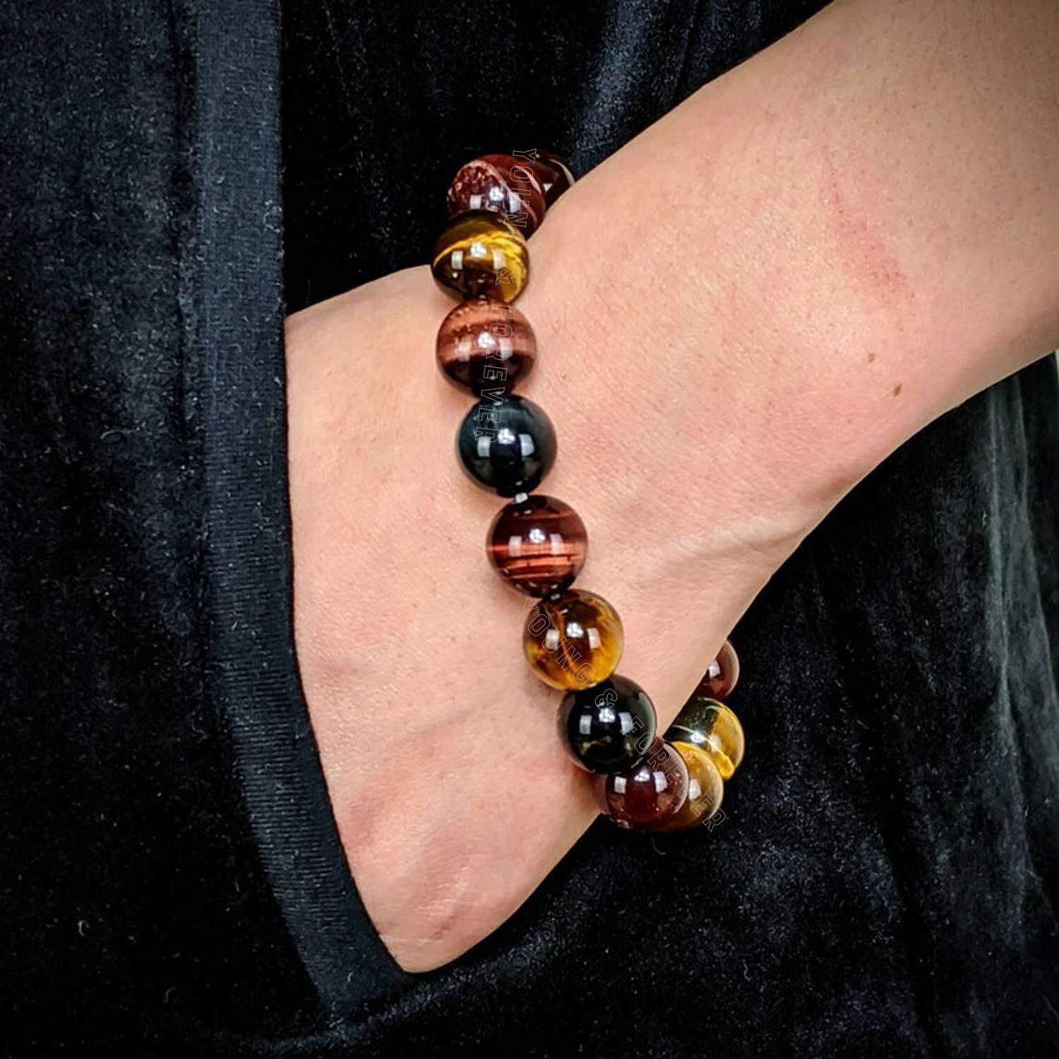Young & Forever Gift Natural Reiki Feng-Shui Healing Crystal Beaded Gem Stone Tri Color Tiger Eye Bracelet for Men and Women