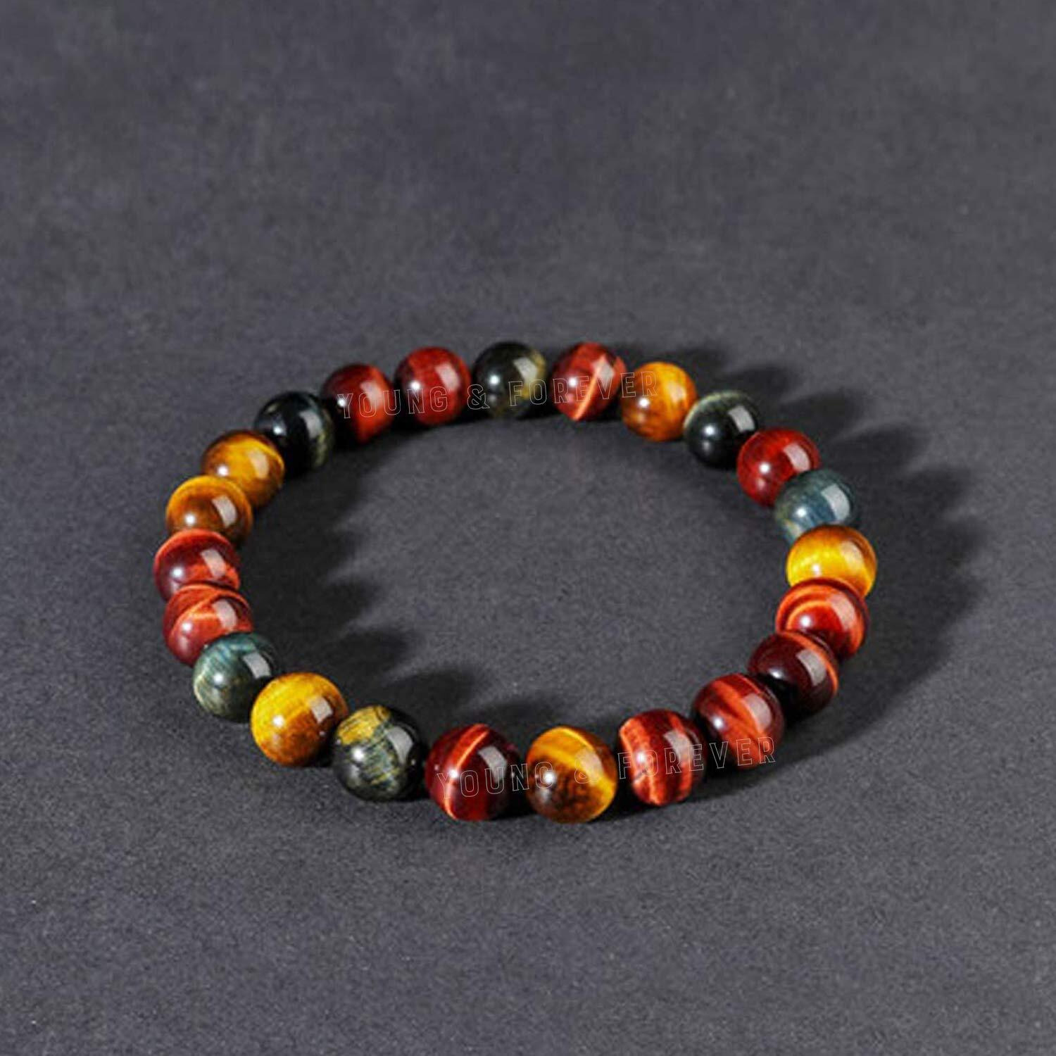 Young & Forever Gift Natural Reiki Feng-Shui Healing Crystal Beaded Gem Stone Tri Color Tiger Eye Bracelet for Men and Women