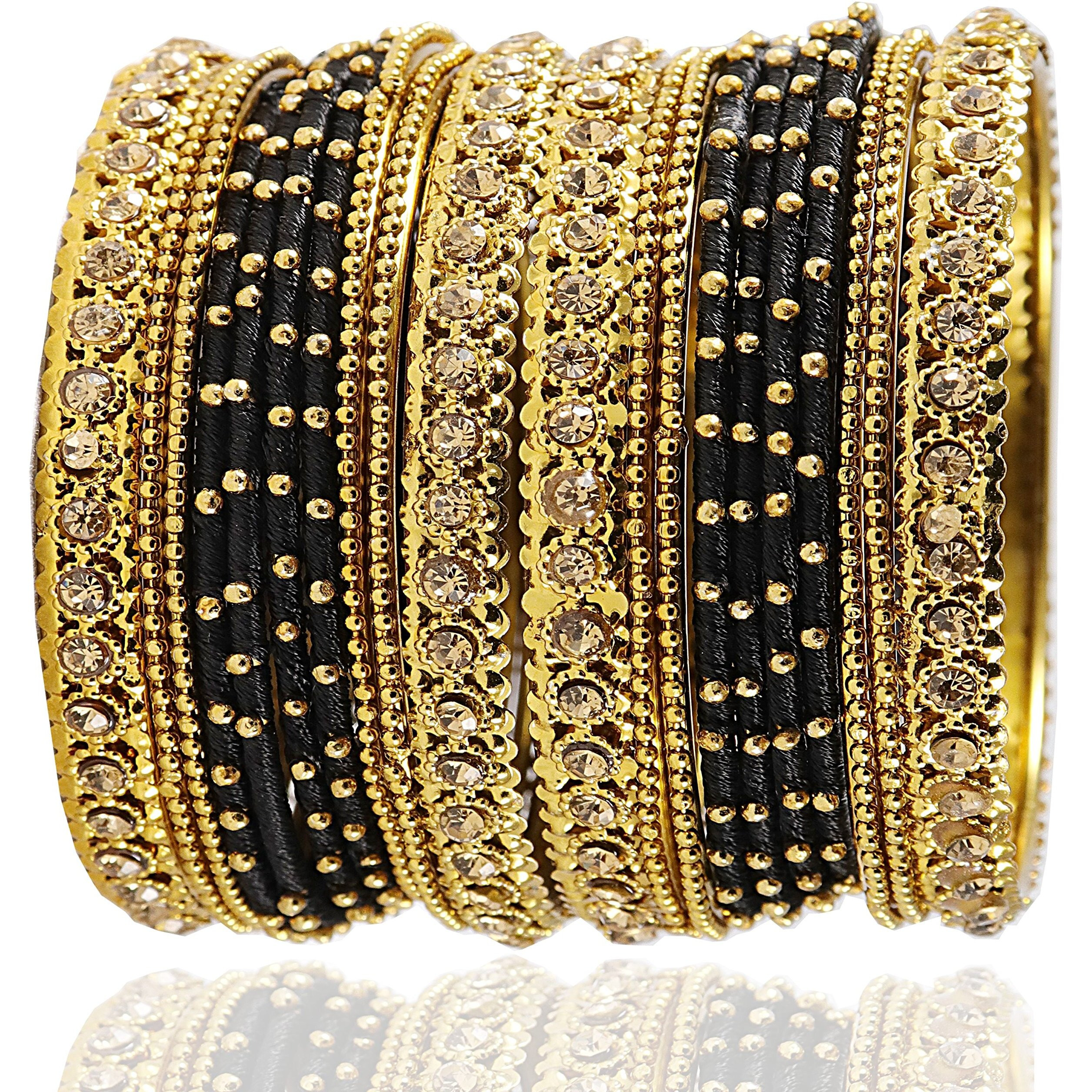 NMII Metal Base Metal Zircon Stone Bangle Set For Women & Girls (Black) (Pack of 20)
