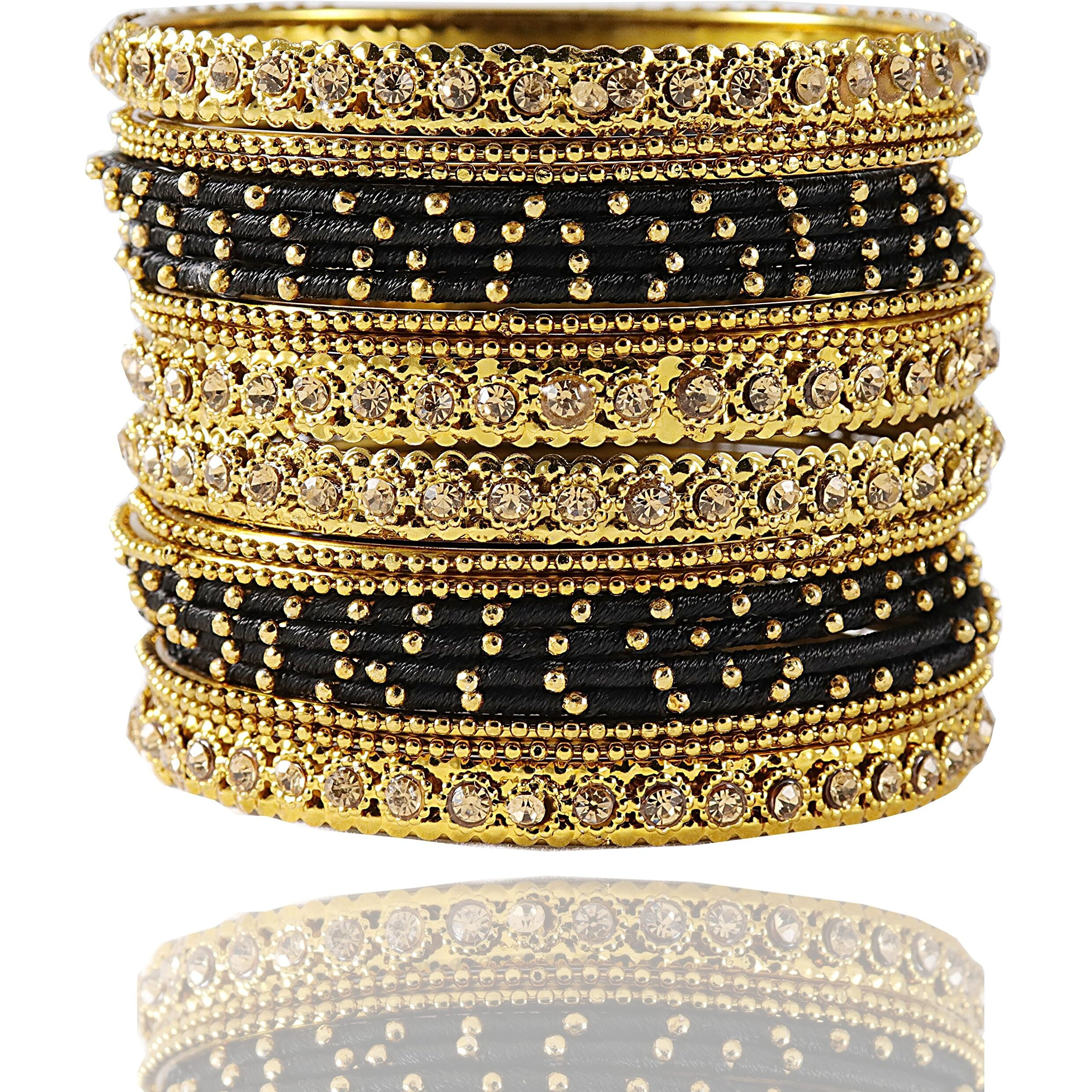 NMII Metal Base Metal Zircon Stone Bangle Set For Women & Girls (Black) (Pack of 20)