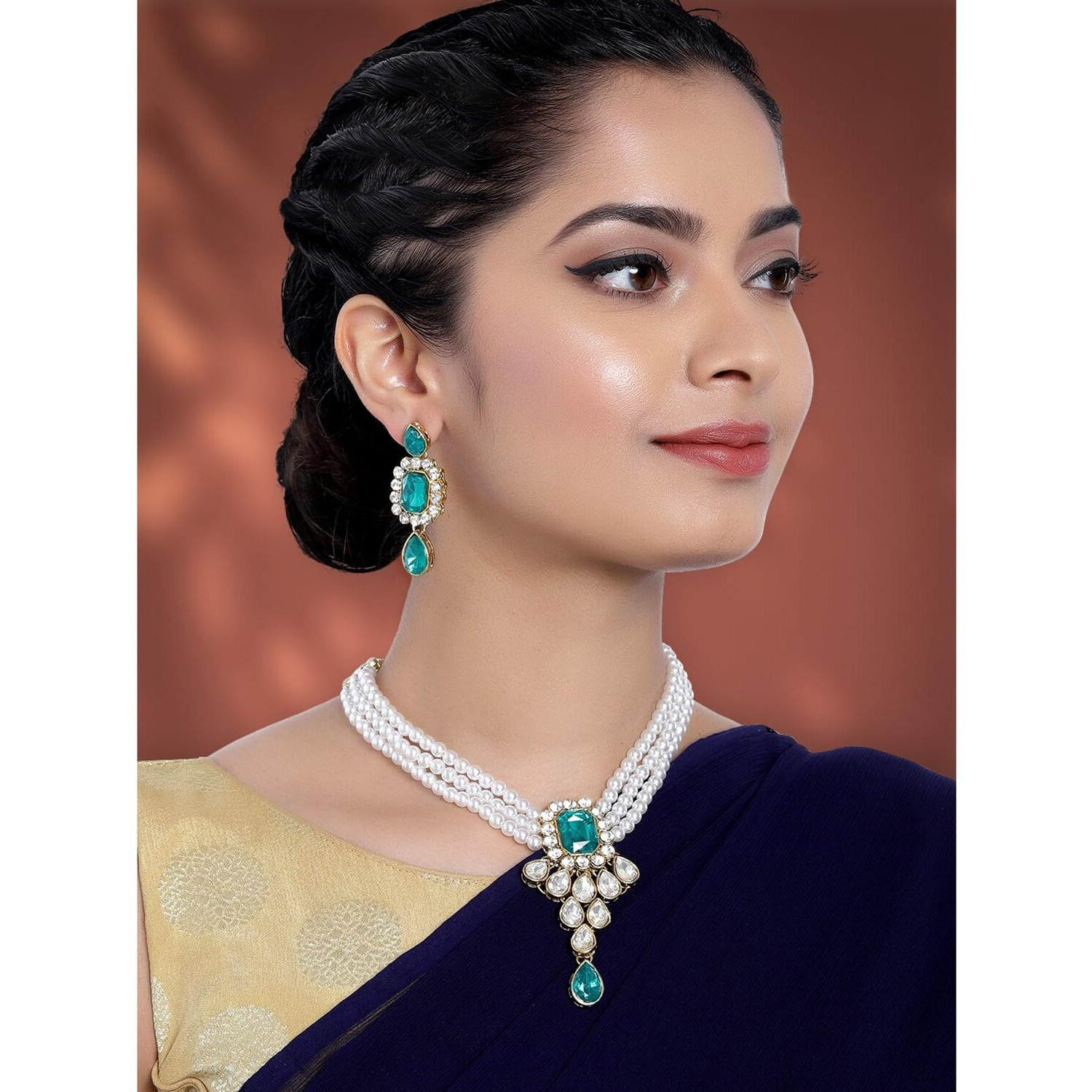 Peora Green Crystal Pearl Necklace Earring Traditional Jewellery Set for Women & Girls