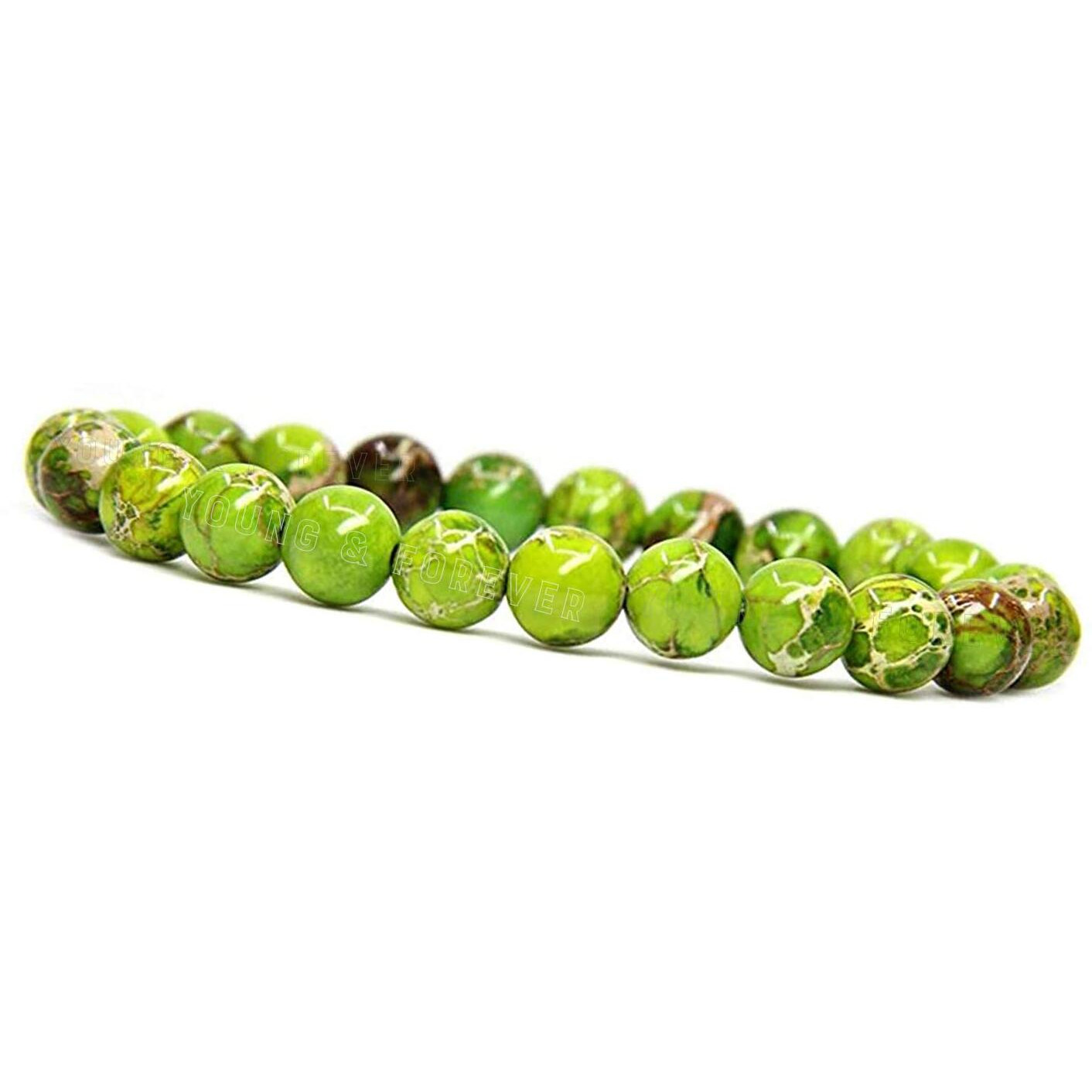 Young & Forever Gift Certified Reiki Crystal Semi Precious Gemstone Apple Green Sediment Jasper for Stability and Balance Healing Stone Stretch Bracelet for Men Women
