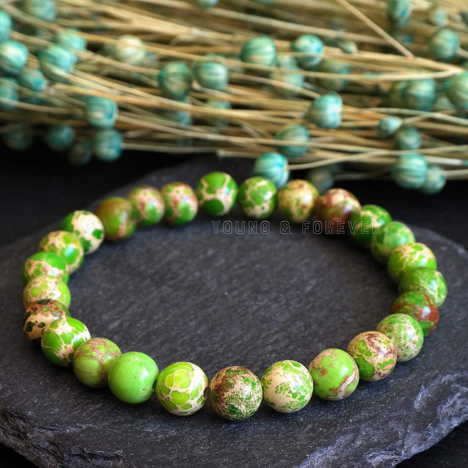 Young & Forever Gift Certified Reiki Crystal Semi Precious Gemstone Apple Green Sediment Jasper for Stability and Balance Healing Stone Stretch Bracelet for Men Women