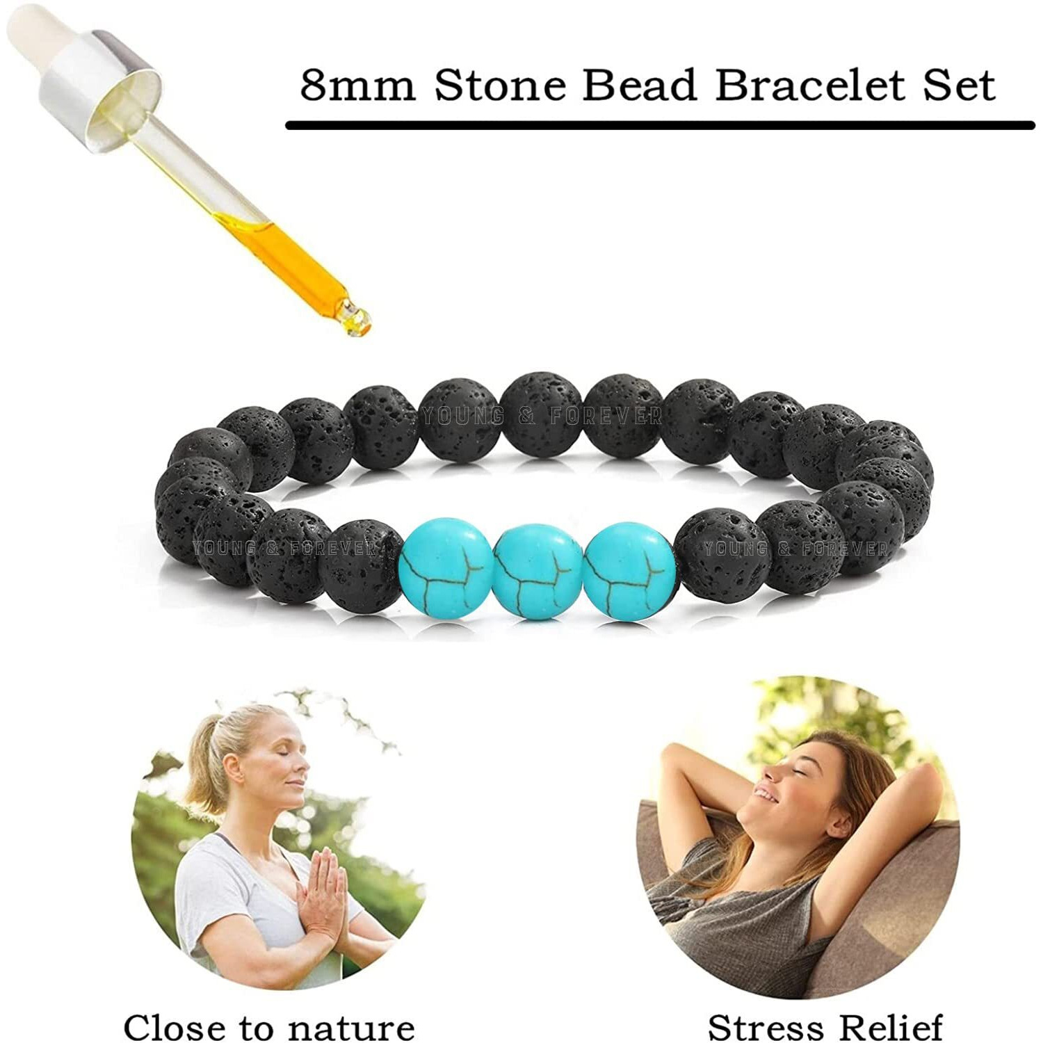 Young & Forever Gift Dvine Ying Yang Lava Turquoise Reiki Distance Bracelet for Men and Women
