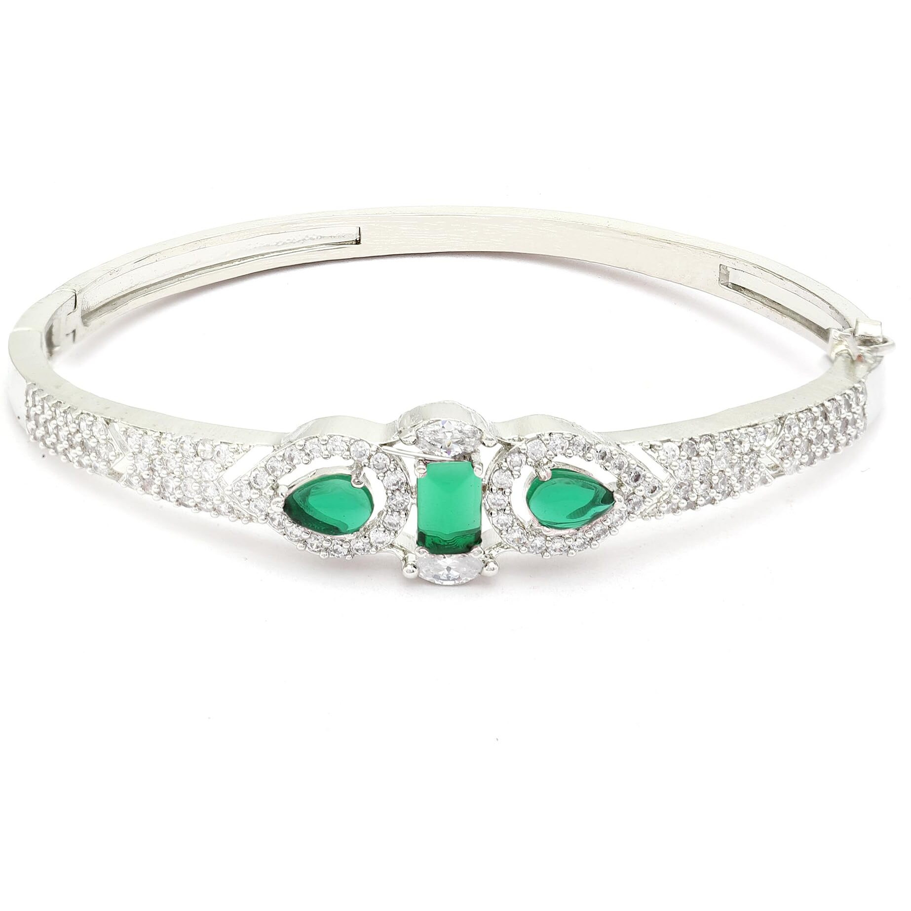 ZENEME Bracelet Rhodium-Plated Silver Toned Emerald Green American Diamond Studded Kada Premium Contemporary Bracelet For Women and Girls