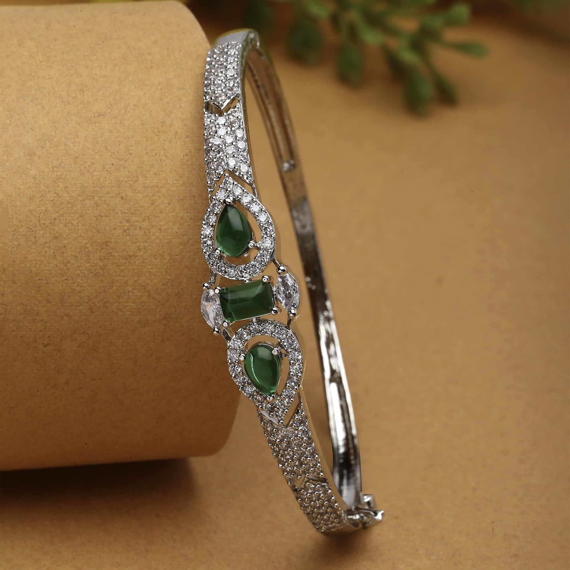 ZENEME Bracelet Rhodium-Plated Silver Toned Emerald Green American Diamond Studded Kada Premium Contemporary Bracelet For Women and Girls