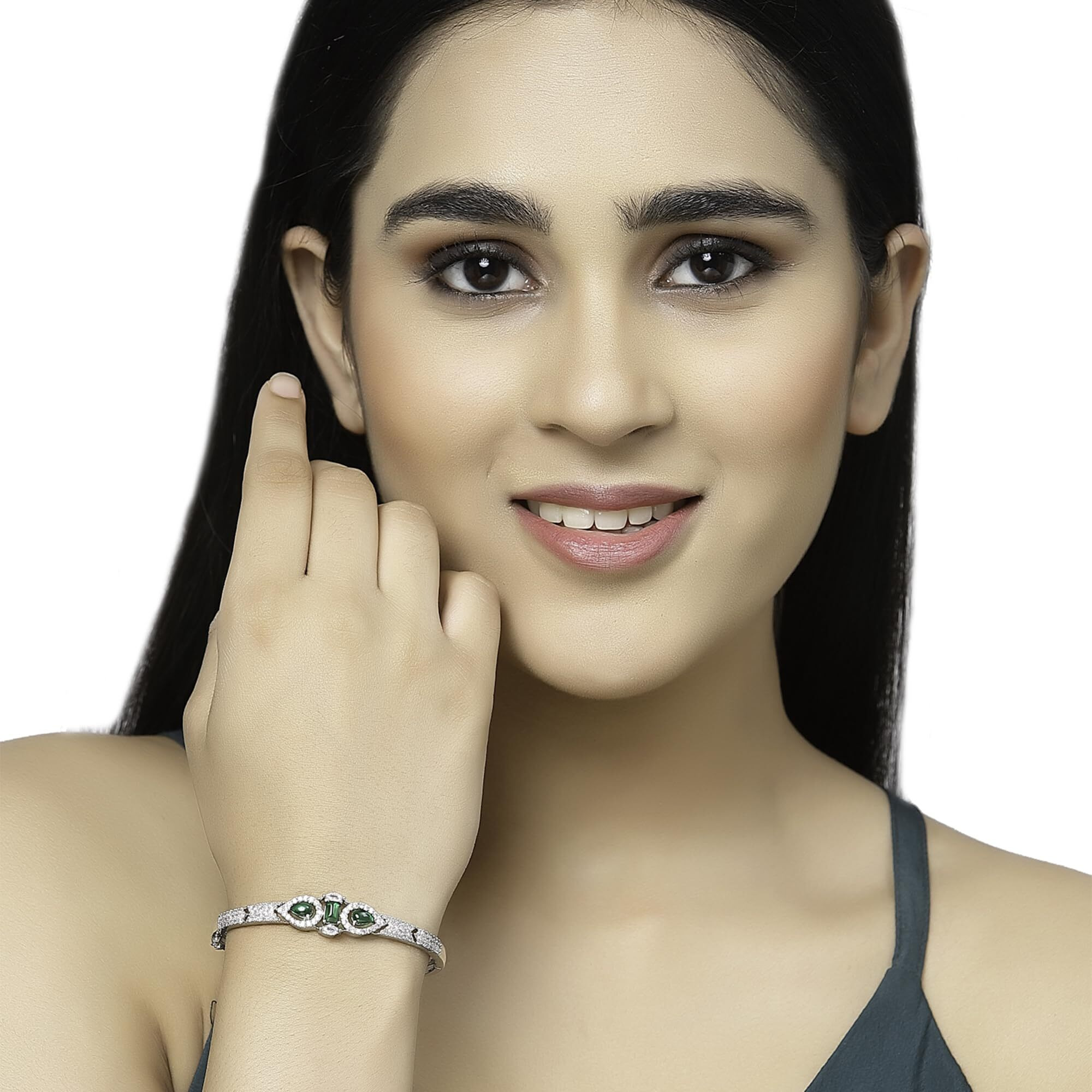 ZENEME Bracelet Rhodium-Plated Silver Toned Emerald Green American Diamond Studded Kada Premium Contemporary Bracelet For Women and Girls