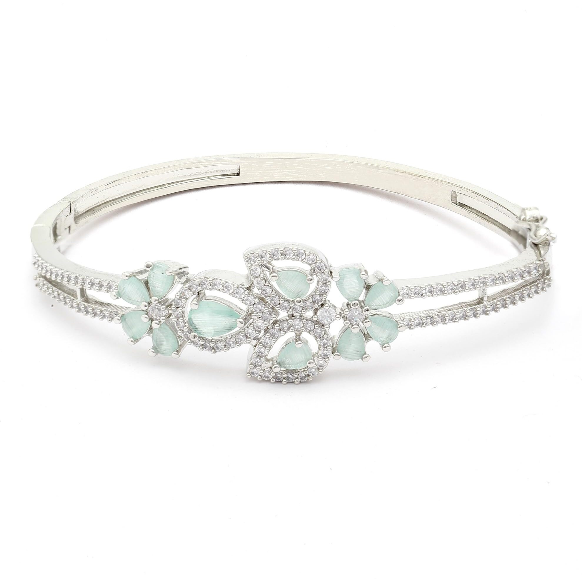 ZENEME Bracelet Silver Toned Rhodium-Plated Lime Green American Diamond Studded Charming Floral Openable Kada Bracelet For Women & Gift For Girls