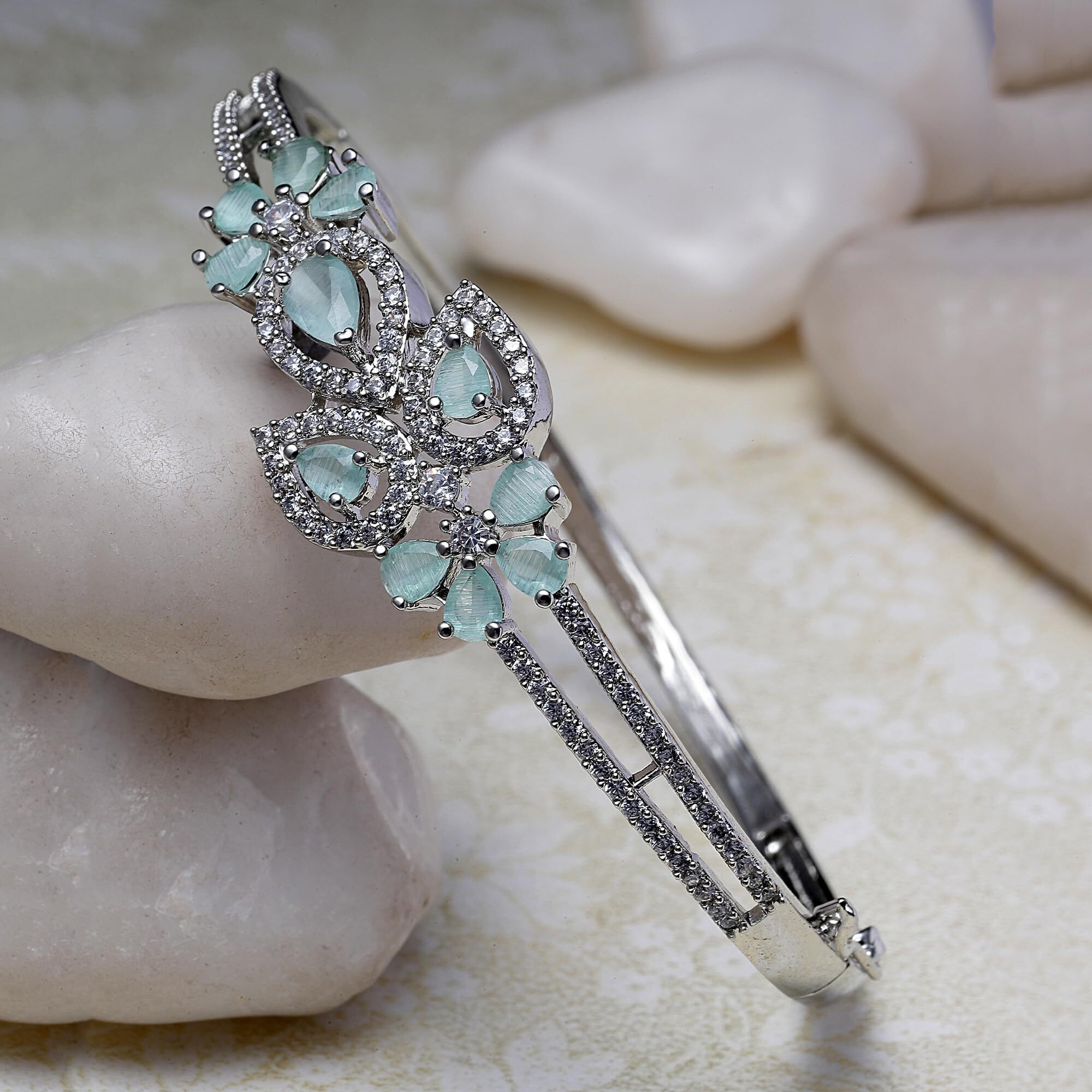 ZENEME Bracelet Silver Toned Rhodium-Plated Lime Green American Diamond Studded Charming Floral Openable Kada Bracelet For Women & Gift For Girls