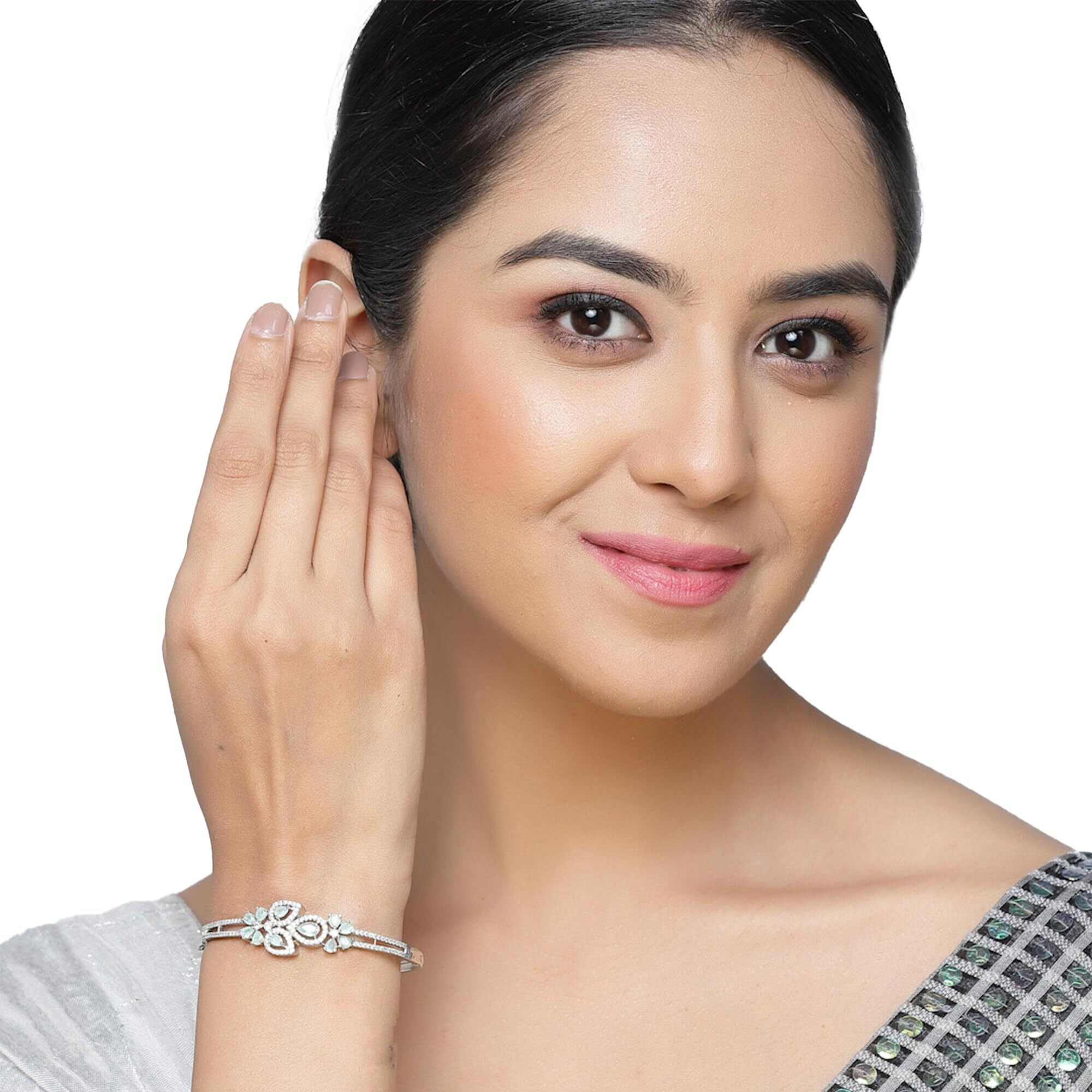 ZENEME Bracelet Silver Toned Rhodium-Plated Lime Green American Diamond Studded Charming Floral Openable Kada Bracelet For Women & Gift For Girls