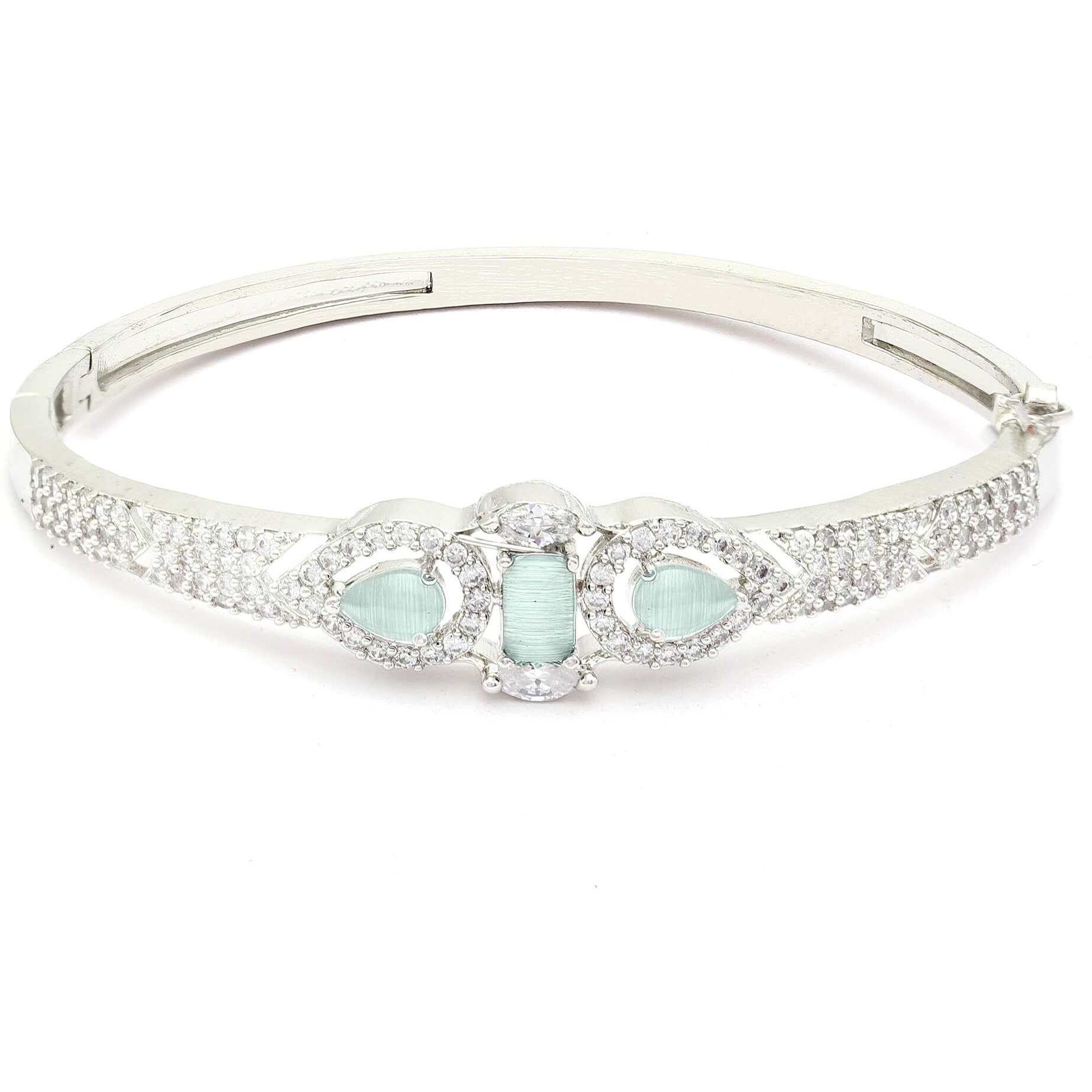ZENEME Bracelet Rhodium-Plated Silver Toned Lime Green American Diamond Studded Kada Premium Contemporary Bracelet For Women and Girls