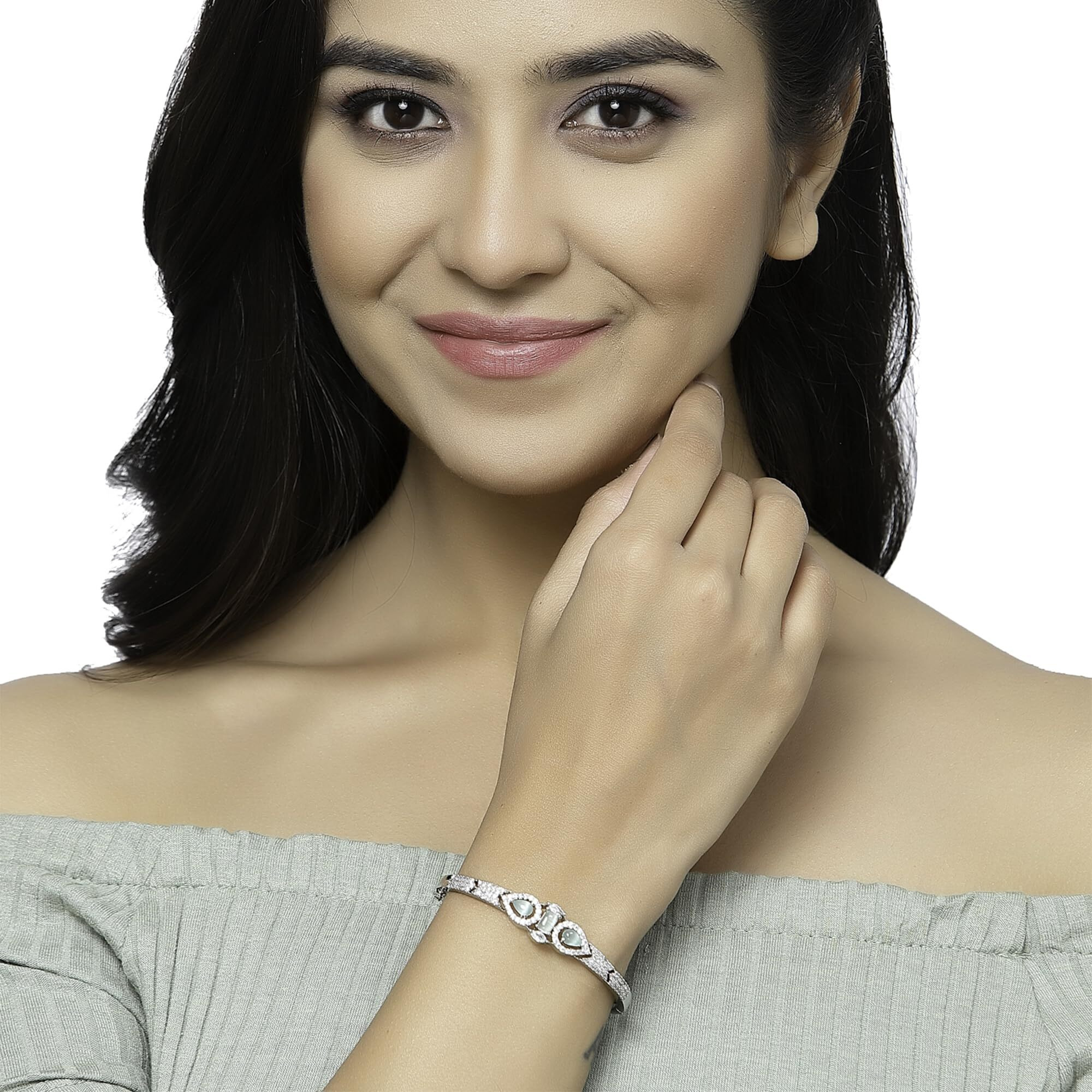 ZENEME Bracelet Rhodium-Plated Silver Toned Lime Green American Diamond Studded Kada Premium Contemporary Bracelet For Women and Girls