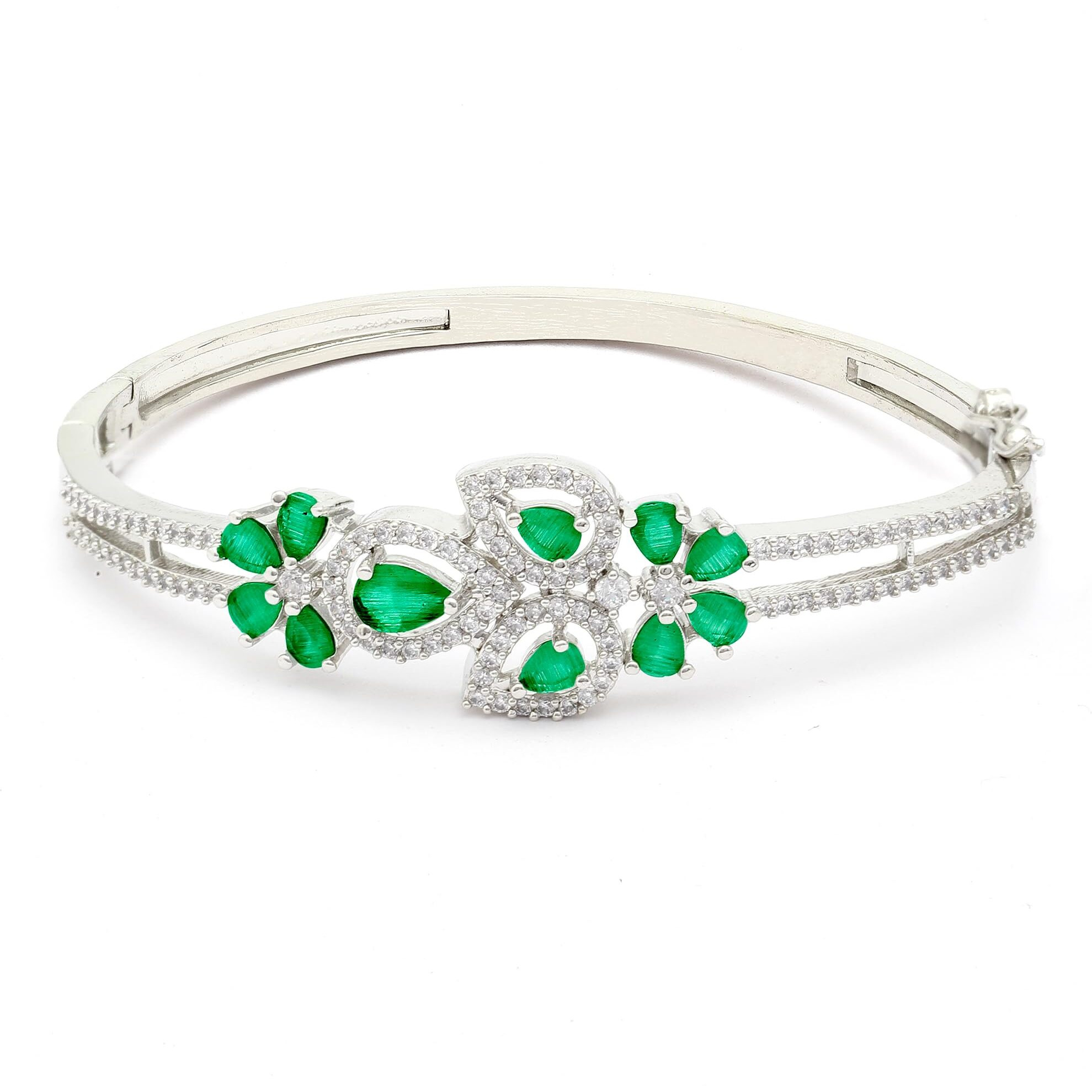ZENEME Bracelet Silver Toned Rhodium-Plated Emerald Green American Diamond Studded Charming Floral Openable Kada Bracelet For Women & Gift For Girls