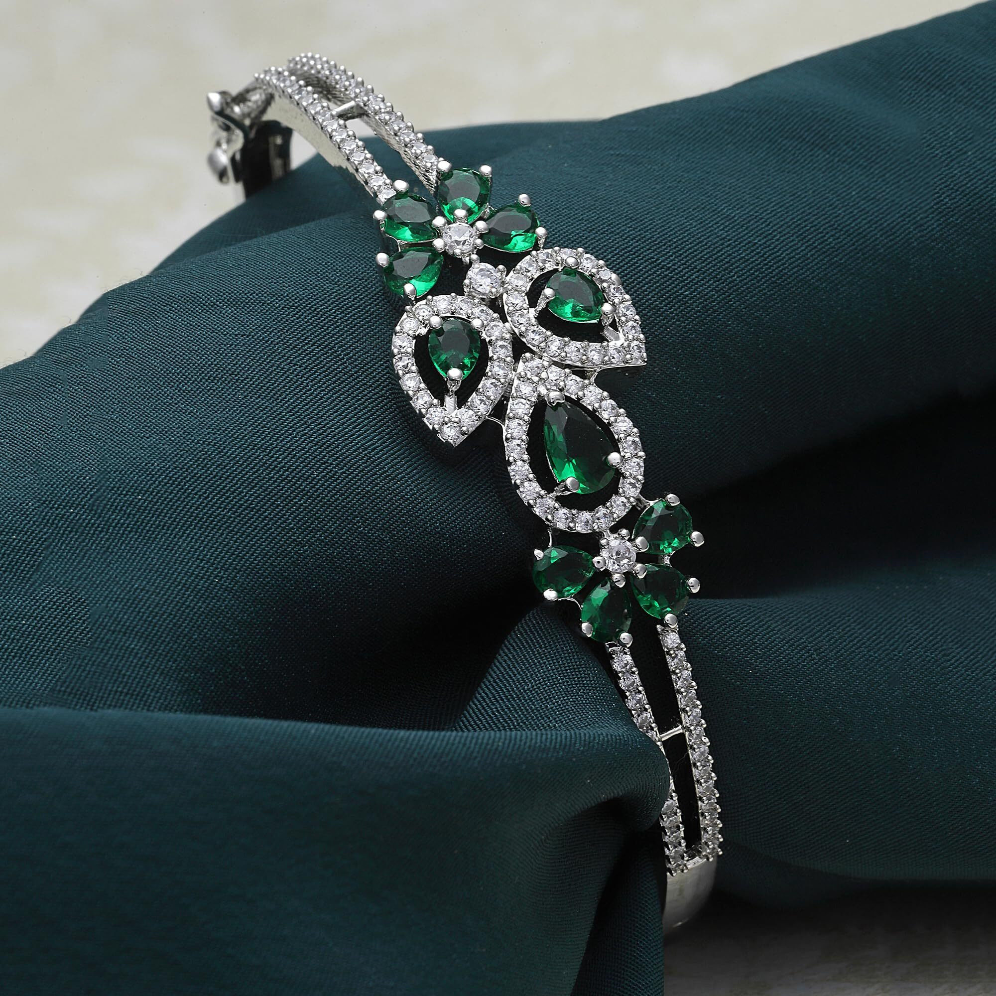 ZENEME Bracelet Silver Toned Rhodium-Plated Emerald Green American Diamond Studded Charming Floral Openable Kada Bracelet For Women & Gift For Girls