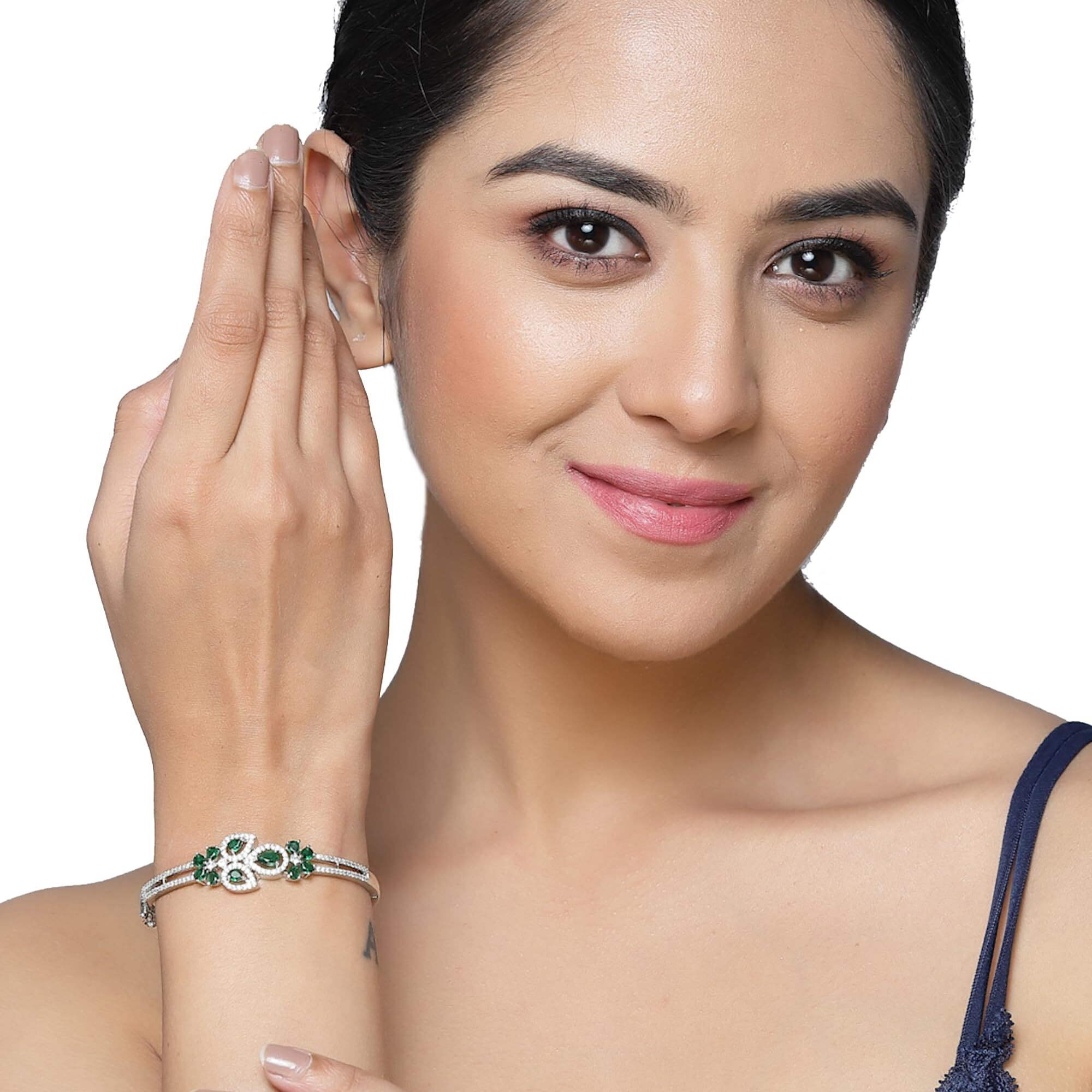ZENEME Bracelet Silver Toned Rhodium-Plated Emerald Green American Diamond Studded Charming Floral Openable Kada Bracelet For Women & Gift For Girls