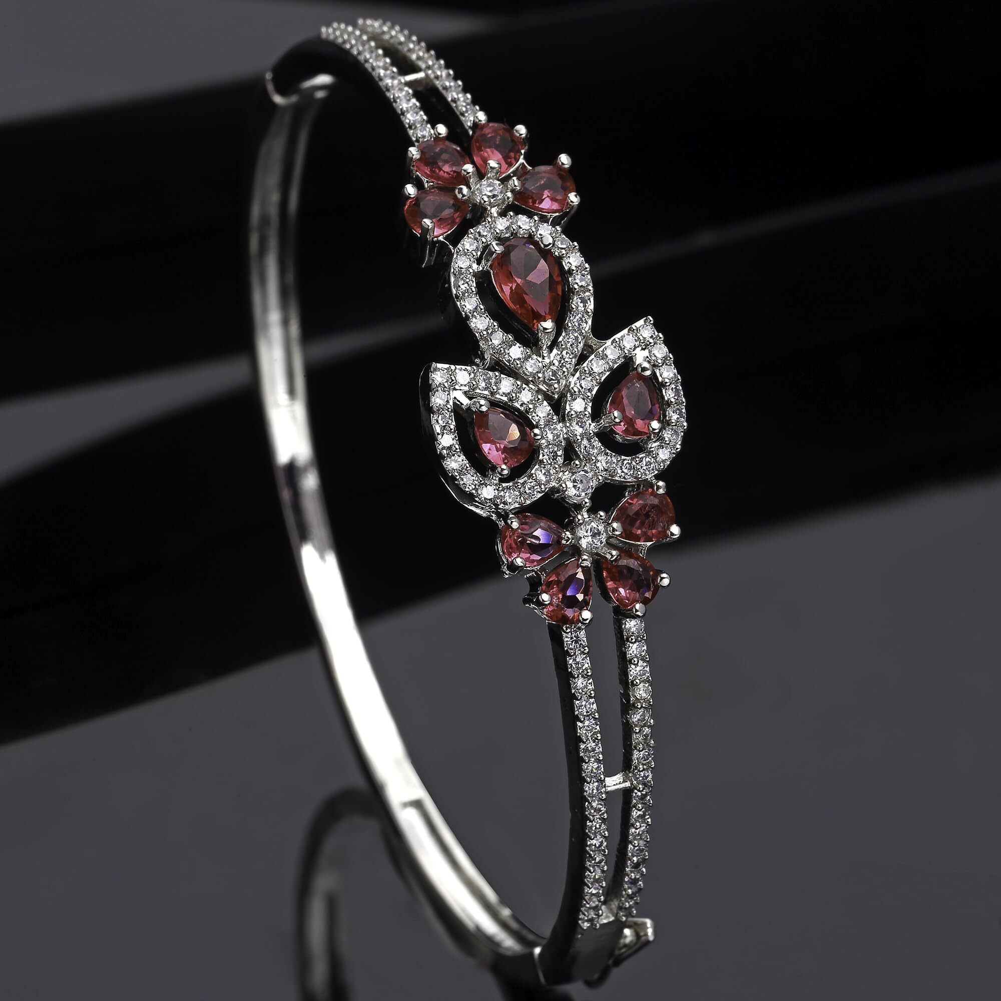 ZENEME Bracelet Silver Toned Rhodium-Plated Royal Red American Diamond Studded Charming Floral Openable Kada Bracelet For Women & Gift For Girls