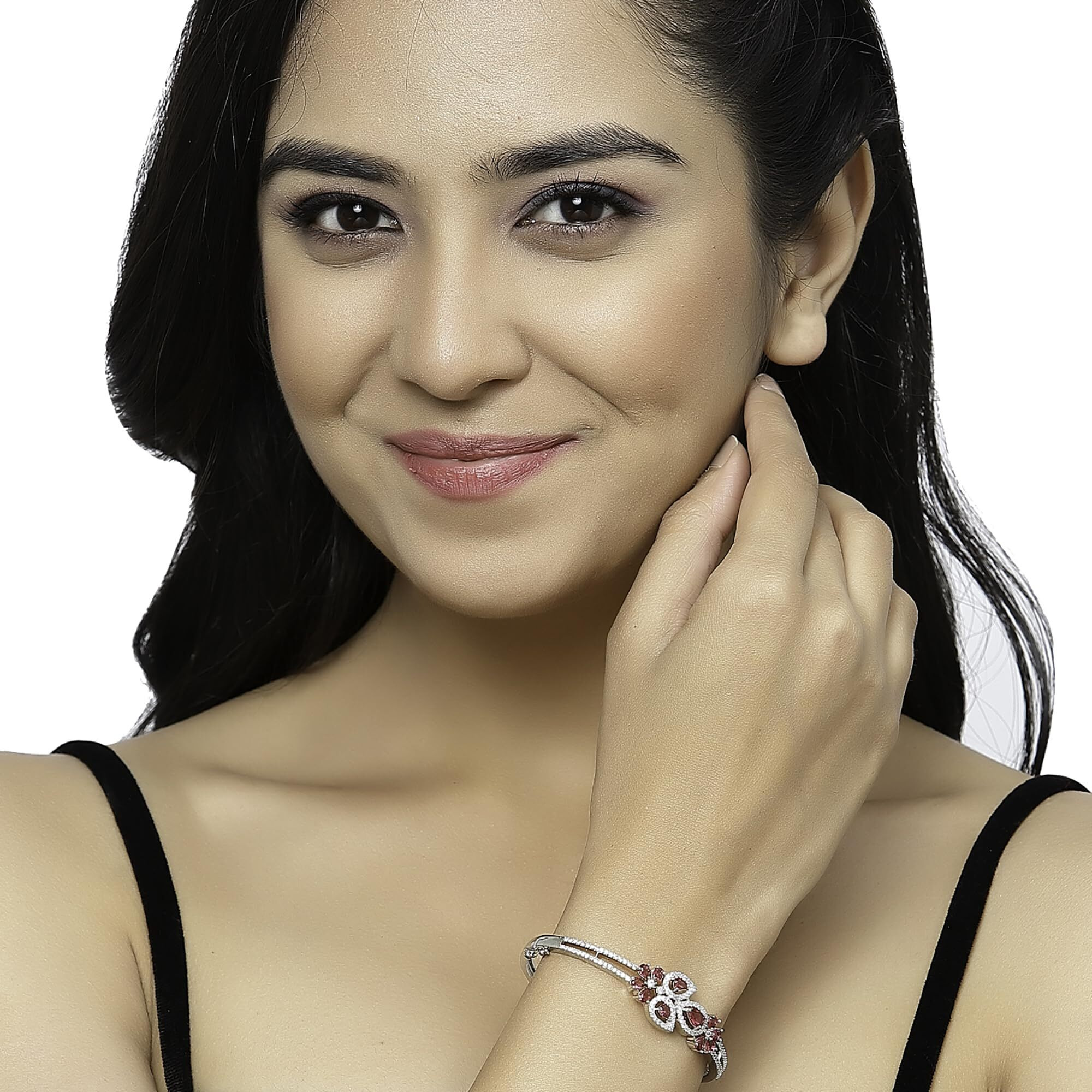 ZENEME Bracelet Silver Toned Rhodium-Plated Royal Red American Diamond Studded Charming Floral Openable Kada Bracelet For Women & Gift For Girls