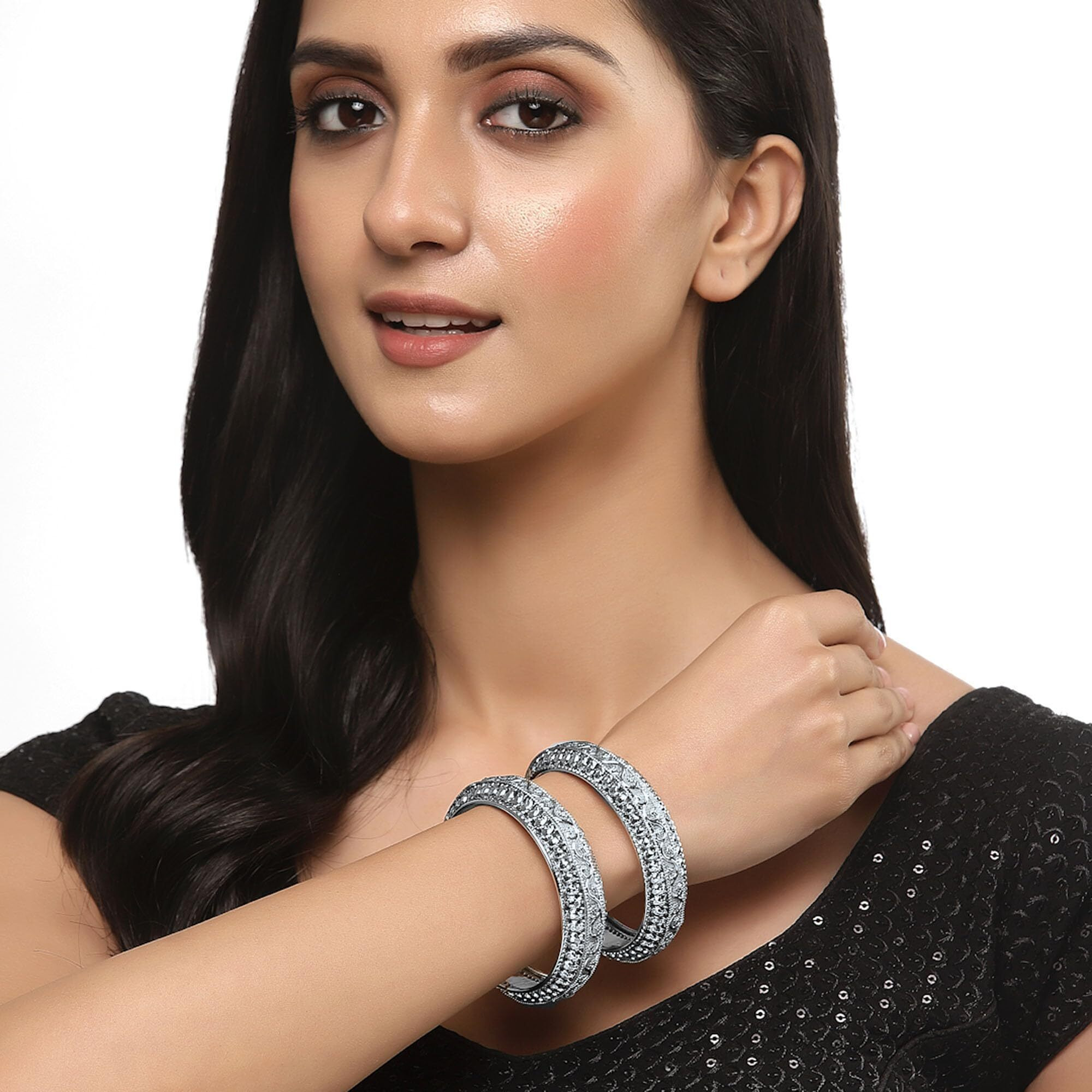 ZENEME Bangle Gold Plated American Studded Royal Style Broad Golden Antique Kada Bangle Jewellery Combo Of 2 For Girls & Women (Silver, 2.6)