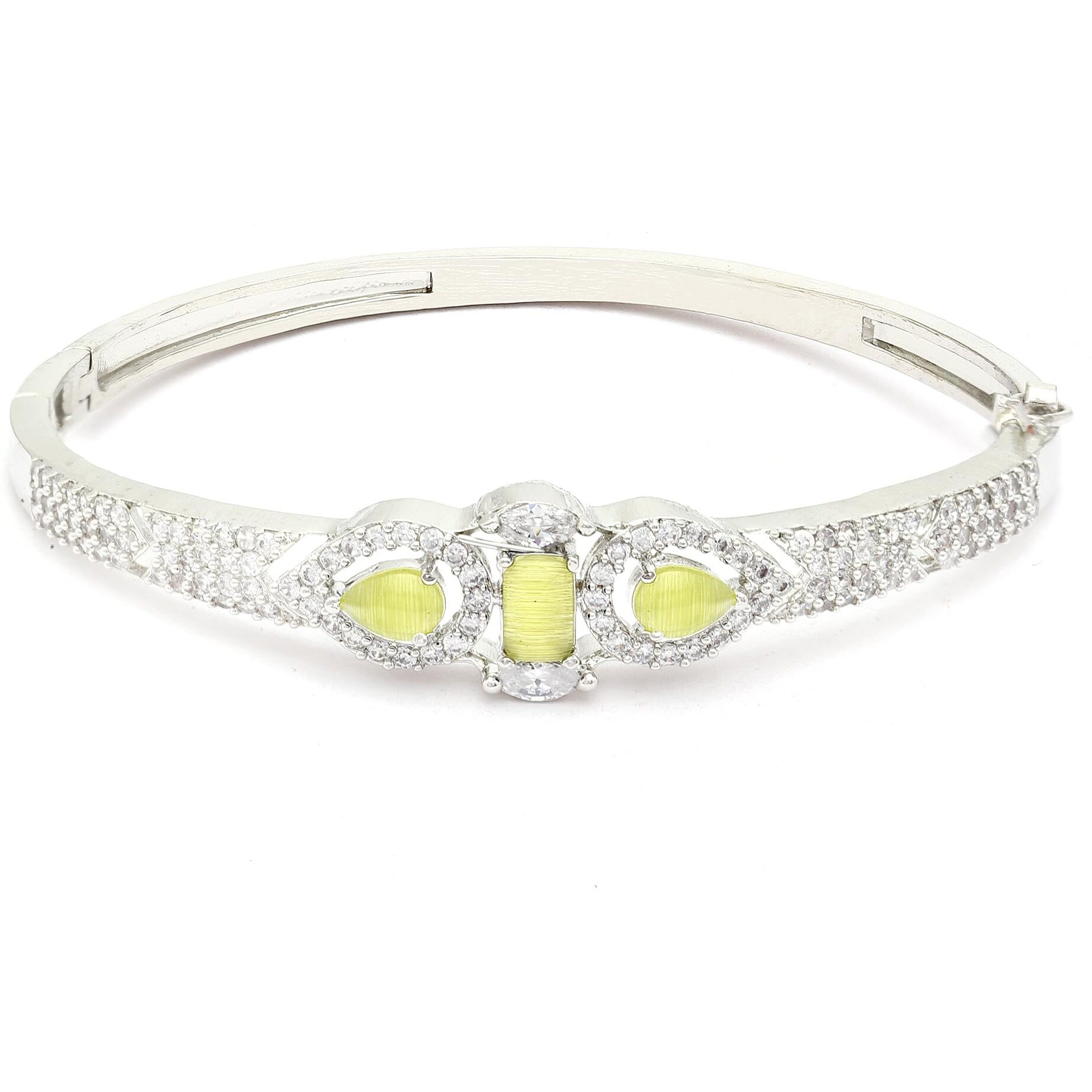 ZENEME Bracelet Rhodium-Plated Silver Toned Yellow Sapphire American Diamond Studded Kada Premium Contemporary Bracelet For Women and Girls