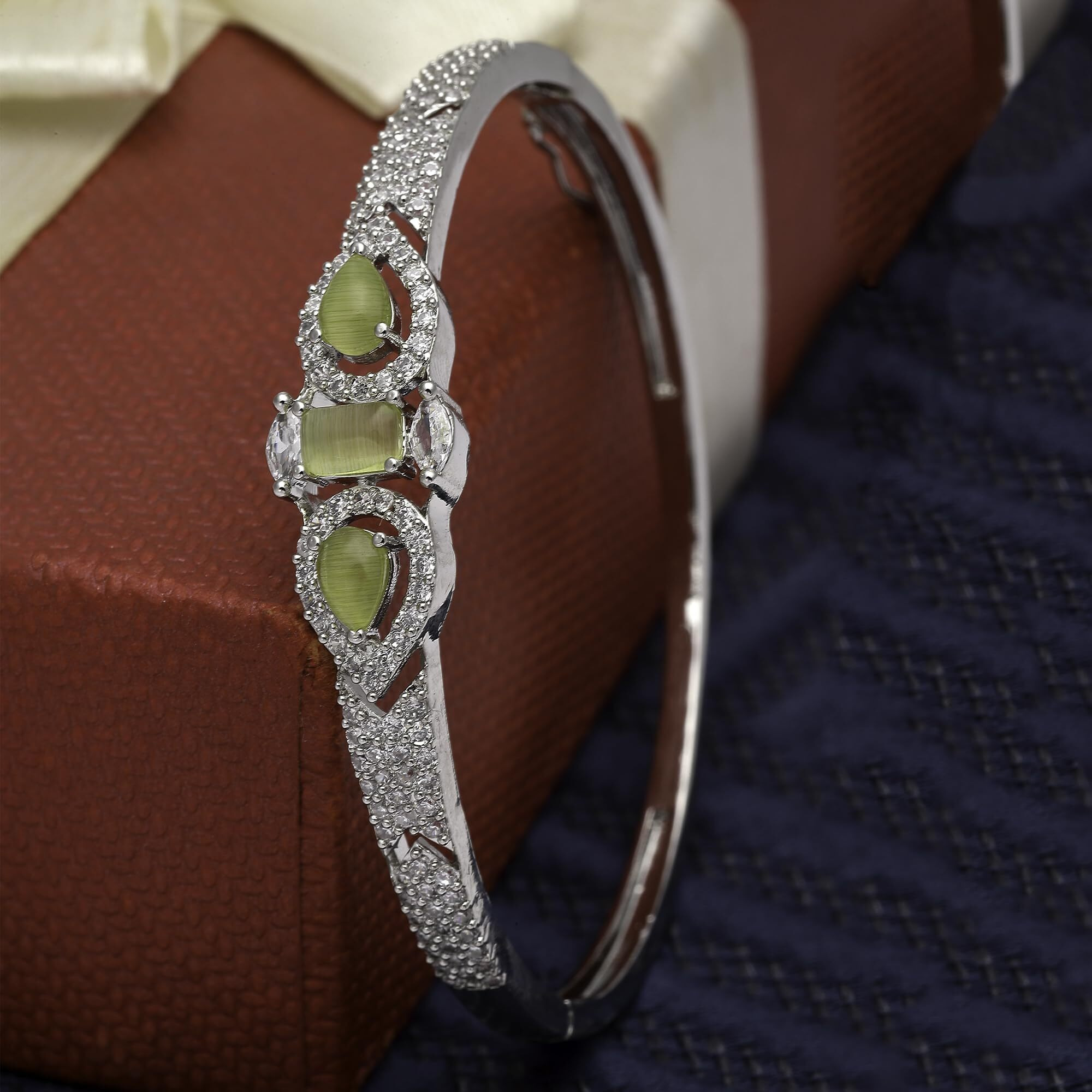 ZENEME Bracelet Rhodium-Plated Silver Toned Yellow Sapphire American Diamond Studded Kada Premium Contemporary Bracelet For Women and Girls