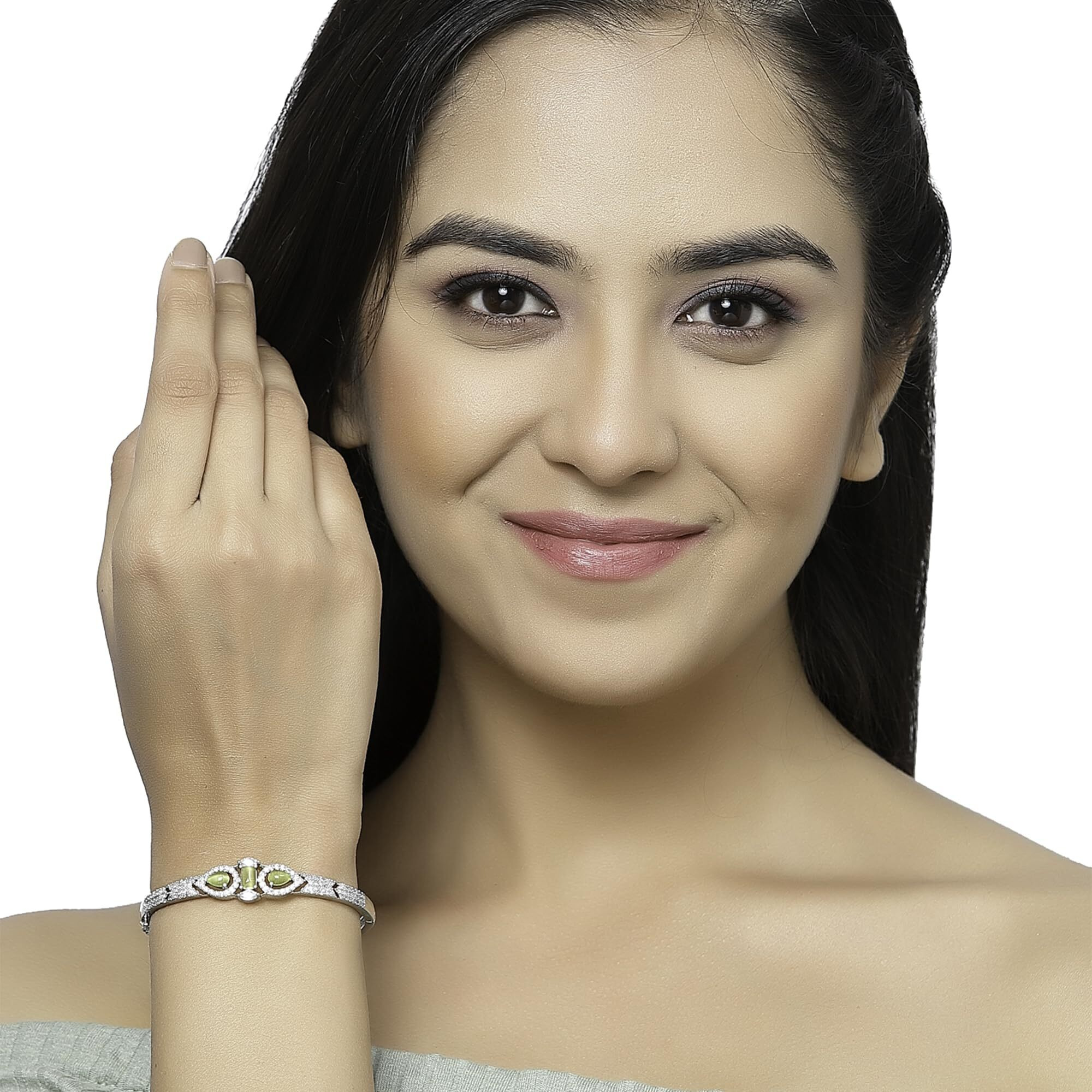 ZENEME Bracelet Rhodium-Plated Silver Toned Yellow Sapphire American Diamond Studded Kada Premium Contemporary Bracelet For Women and Girls