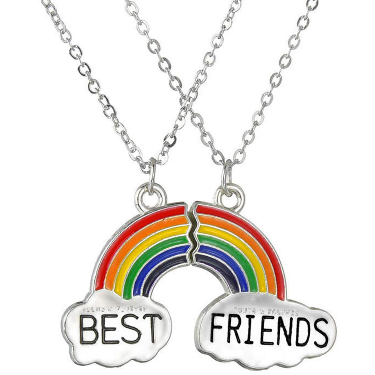 Young & Forever Gift BFF Necklace for 2 Best Friend Necklace for Women Couple Gift for 2 Matching Heart Best Friends Forever Rainbow Pendant for Women Friendship for girls