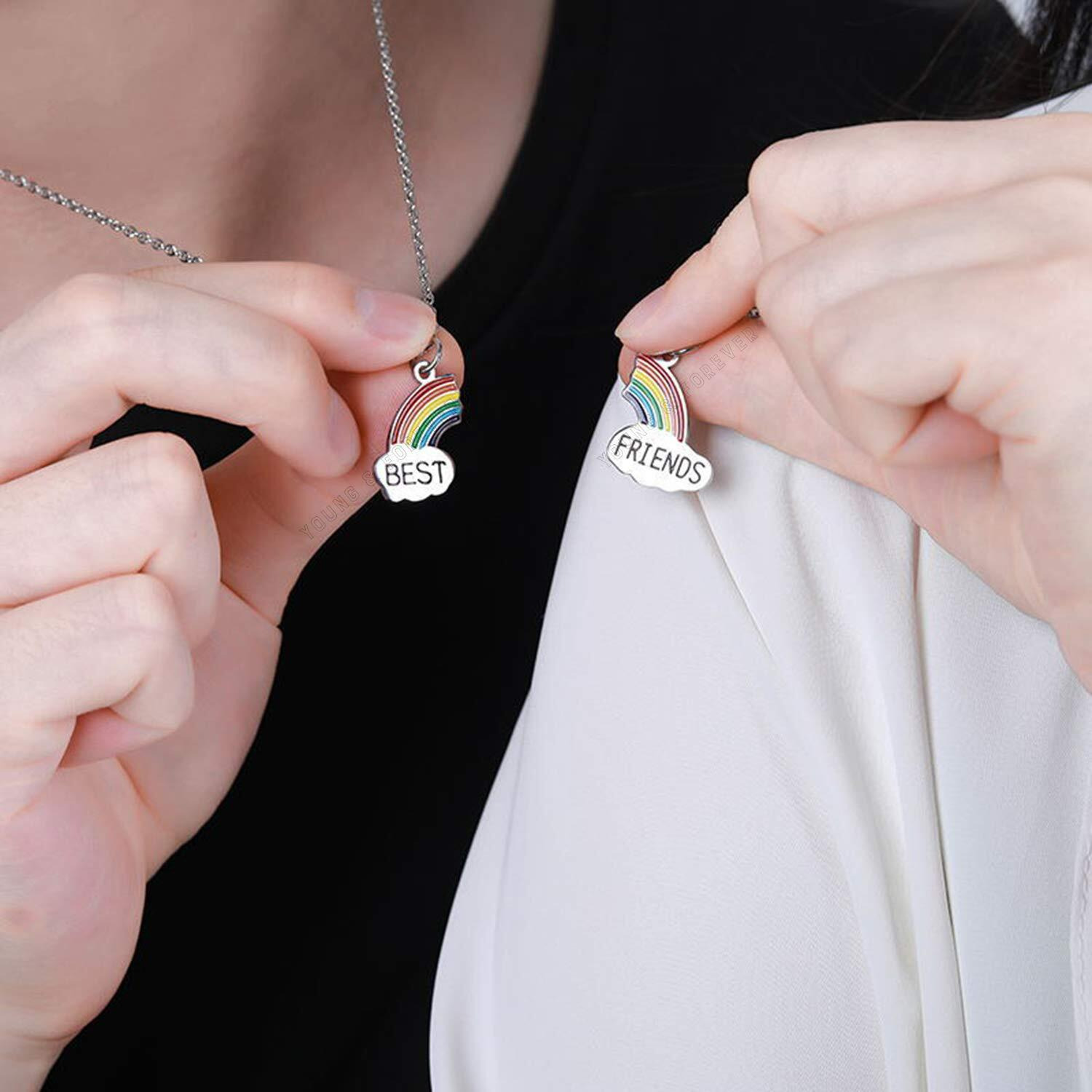 Young & Forever Gift BFF Necklace for 2 Best Friend Necklace for Women Couple Gift for 2 Matching Heart Best Friends Forever Rainbow Pendant for Women Friendship for girls