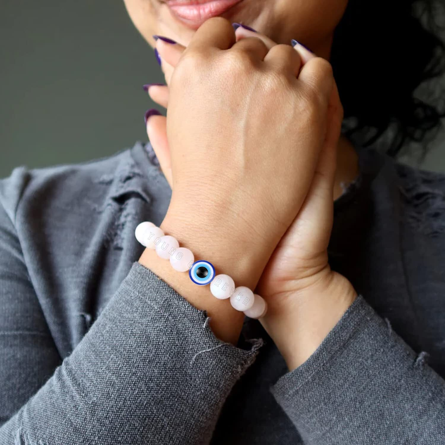 Young & Forever Gift Rose Quartz Eye Evil Eye Bracelet For Women