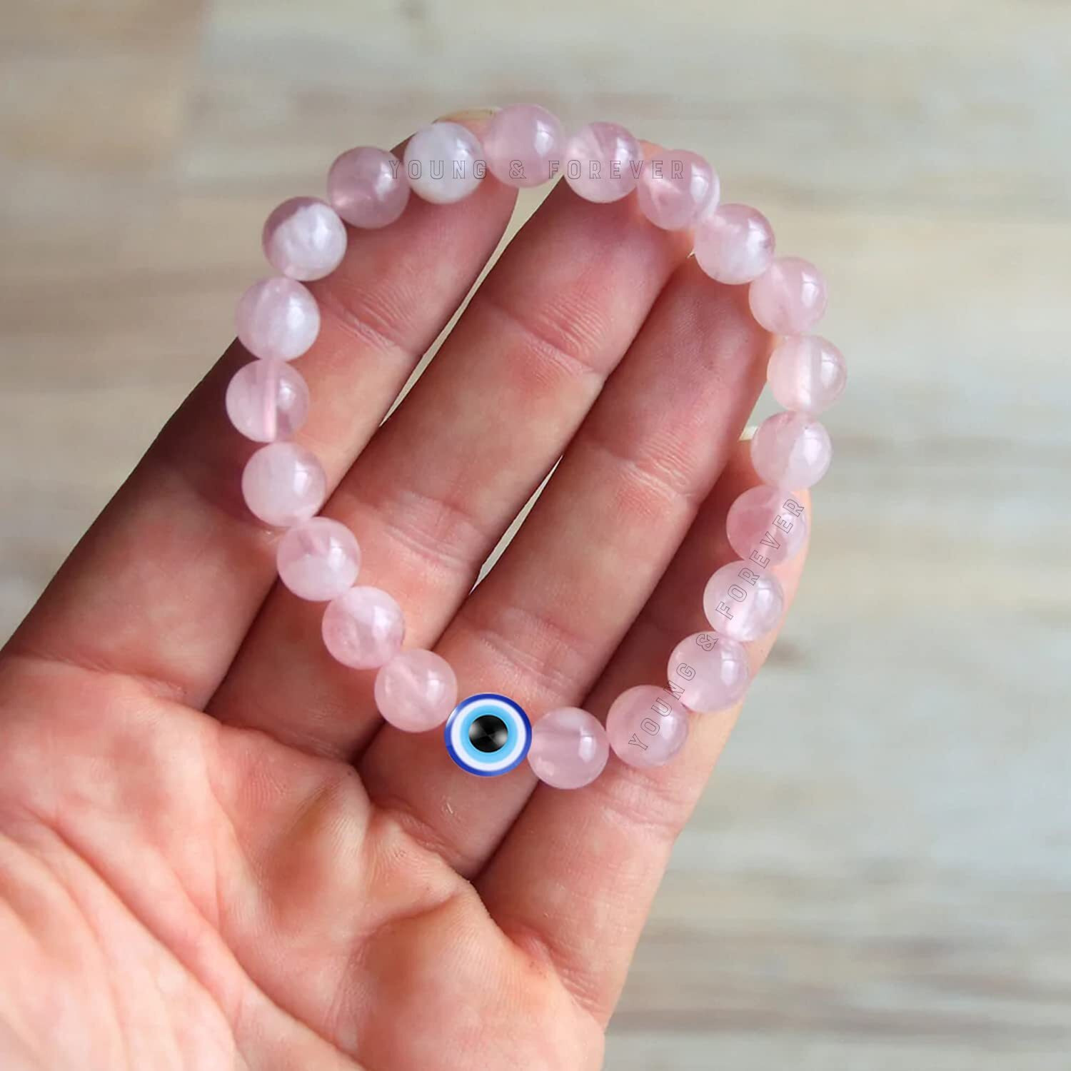 Young & Forever Gift Rose Quartz Eye Evil Eye Bracelet For Women