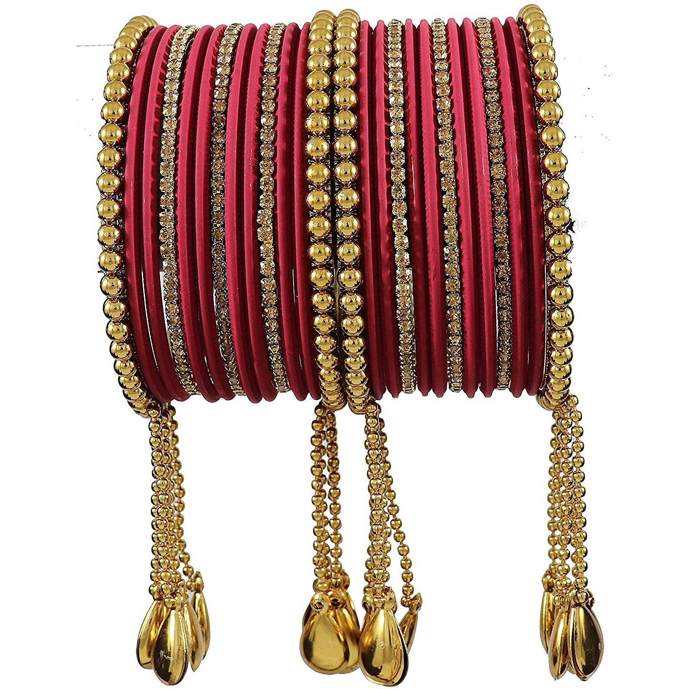 NMII Metal Base Metal Zircon Gemstone Studded Matte and Glossy Finished BallChain Linked Latkan Bangle set for Women and Girls, (Maroon_2.4_Inches), (Pack Of 26 Bangle set)