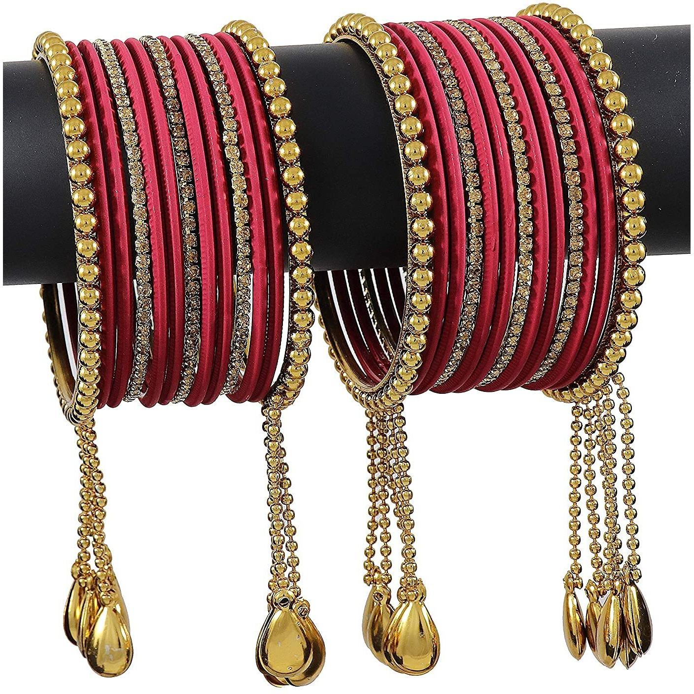 NMII Metal Base Metal Zircon Gemstone Studded Matte and Glossy Finished BallChain Linked Latkan Bangle set for Women and Girls, (Maroon_2.4_Inches), (Pack Of 26 Bangle set)