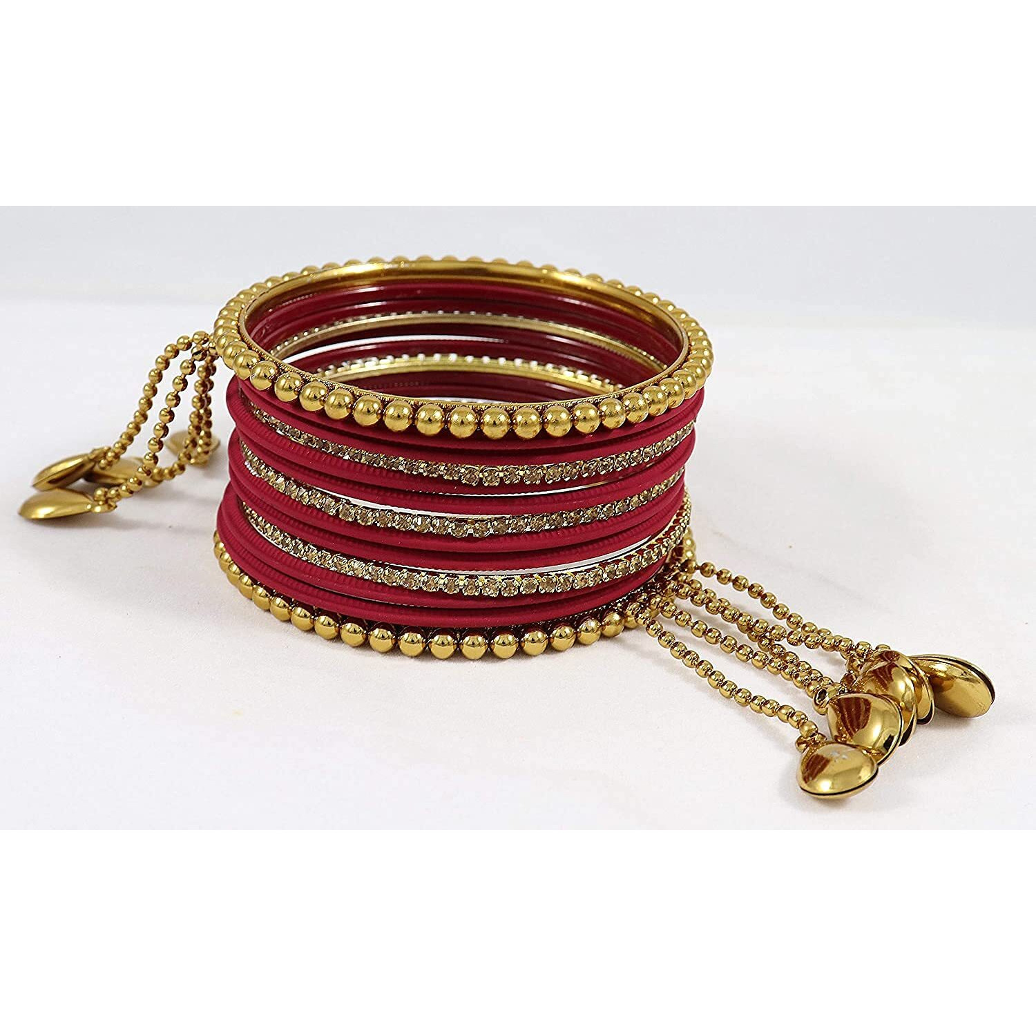NMII Metal Base Metal Zircon Gemstone Studded Matte and Glossy Finished BallChain Linked Latkan Bangle set for Women and Girls, (Maroon_2.4_Inches), (Pack Of 26 Bangle set)