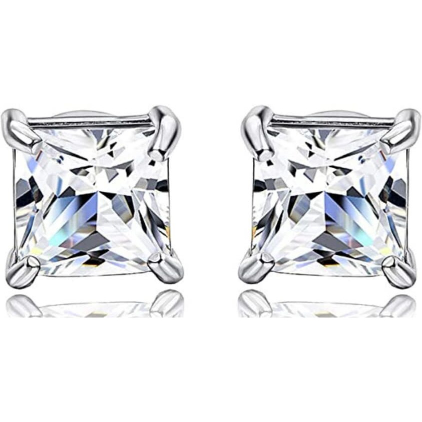 LaBling 925 Sterling Silver Square Stud Earrings Princess Cut Cubic Zirconia Tops for Men, Women, Boys and Girls - Silver 4mm