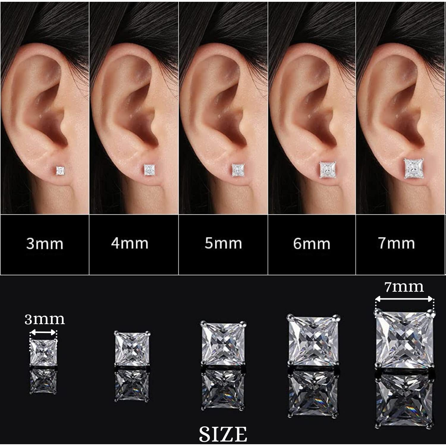 LaBling 925 Sterling Silver Square Stud Earrings Princess Cut Cubic Zirconia Tops for Men, Women, Boys and Girls - Silver 4mm