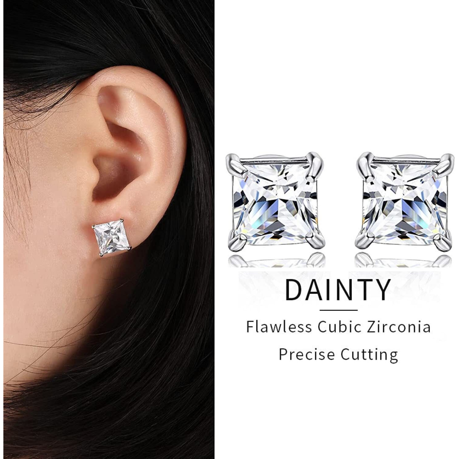 LaBling 925 Sterling Silver Square Stud Earrings Princess Cut Cubic Zirconia Tops for Men, Women, Boys and Girls - Silver 4mm