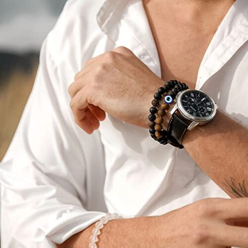 Young & Forever Gift Tiger Eye and Matt Onyx Evil Eye Bracelet For Men