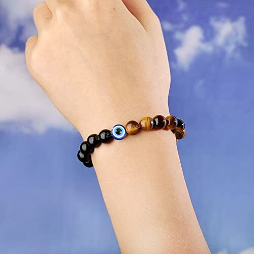 Young & Forever Gift Tiger Eye and Matt Onyx Evil Eye Bracelet For Men