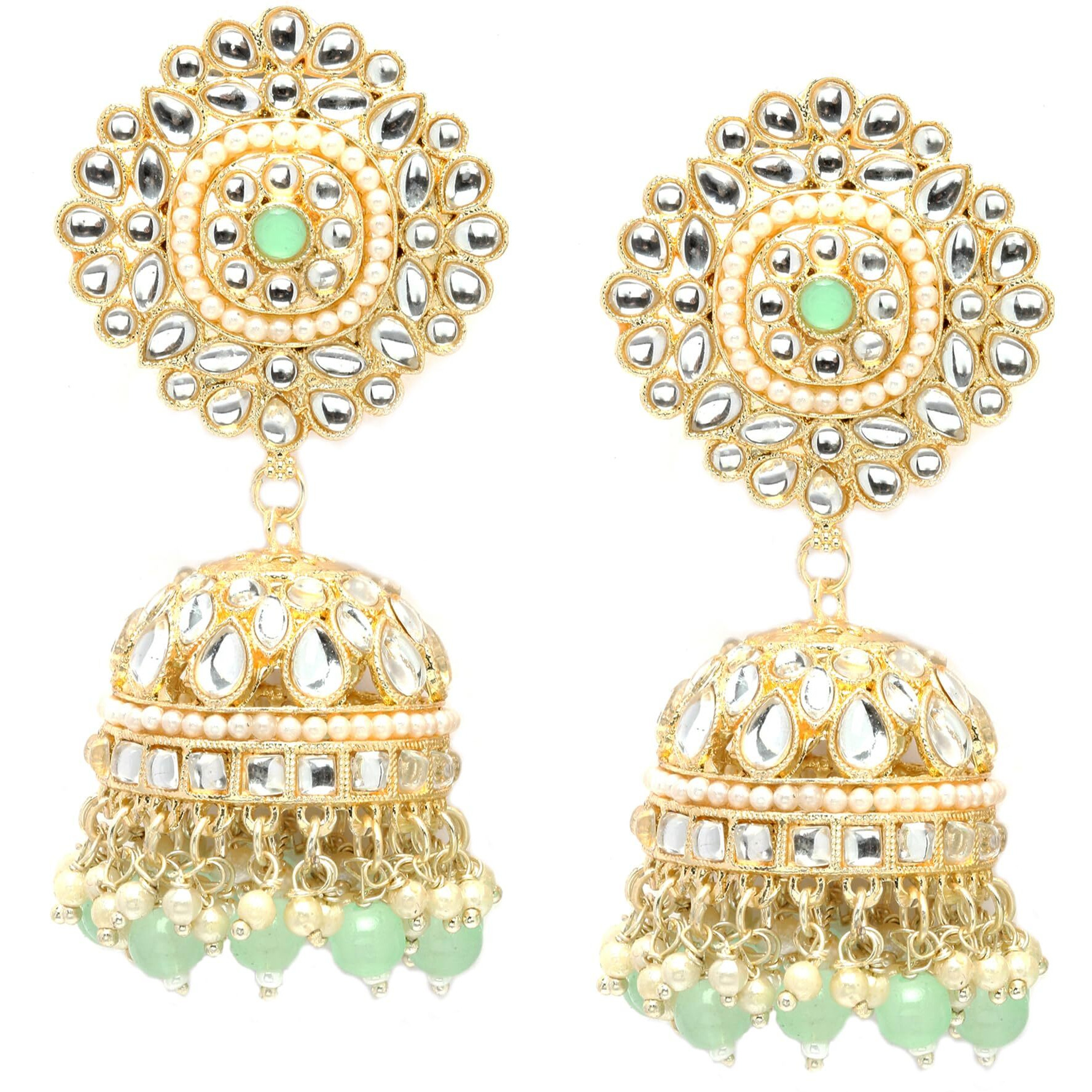 ZENEME Gold-Plated Kundan & Pearls studded Flower Shaped Vilandi Jhumka Earrings For Women & Girls