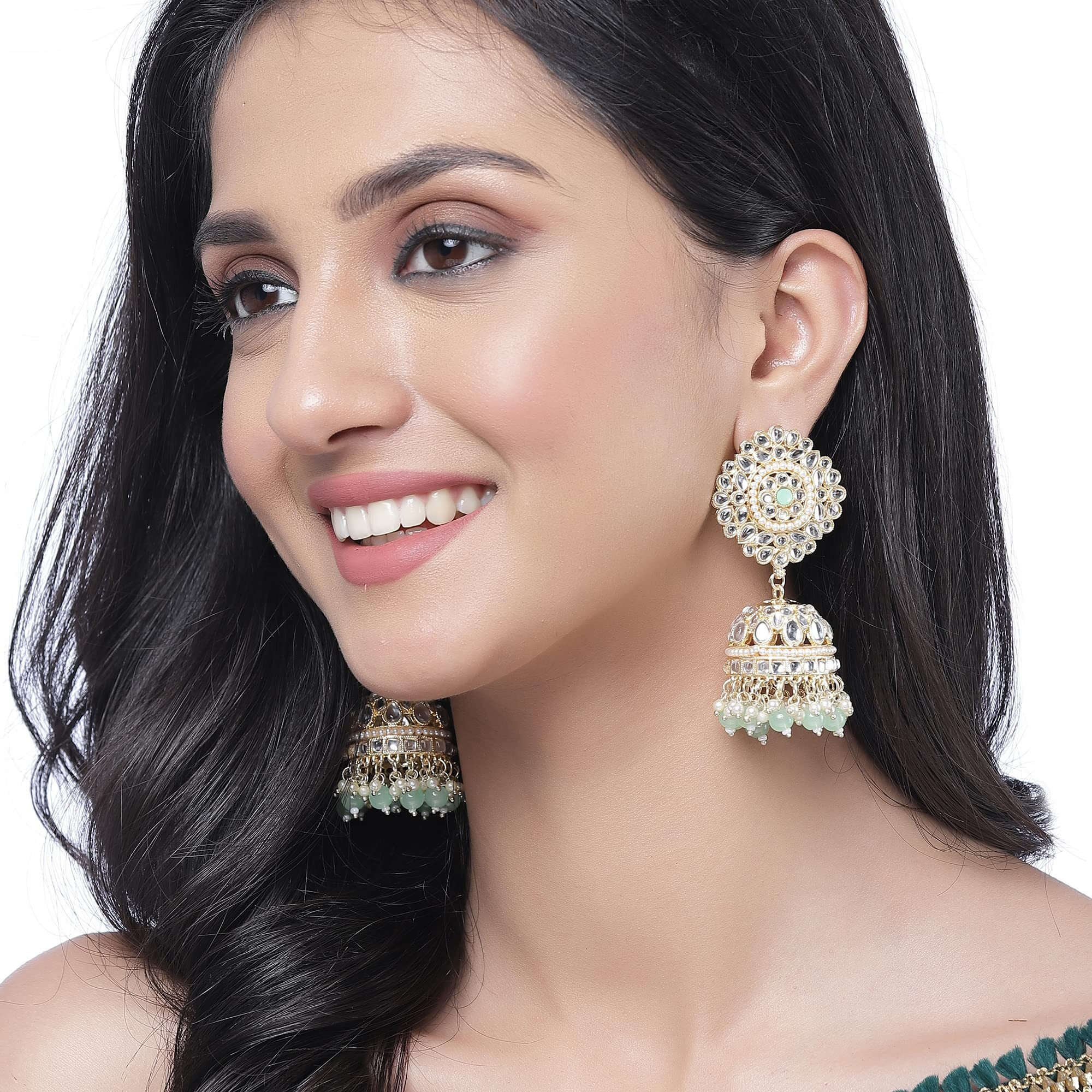 ZENEME Gold-Plated Kundan & Pearls studded Flower Shaped Vilandi Jhumka Earrings For Women & Girls