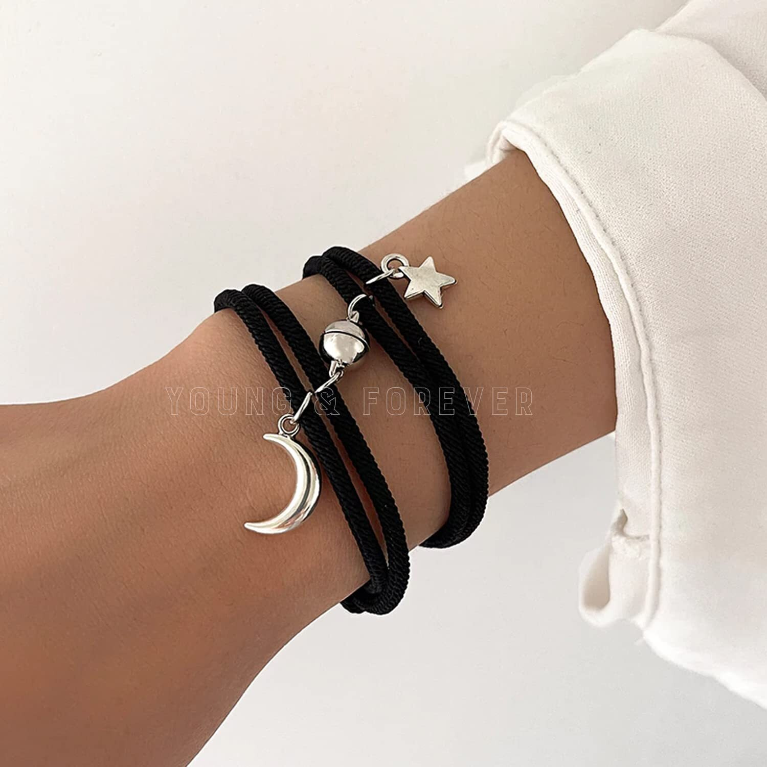 Young & Forever Gift Womens Long Distance Pinky Promise Friendship Couple Magnetic Vows of Eternal Love Sun Moon Heart Morse Code Evil Eyes Bracelet