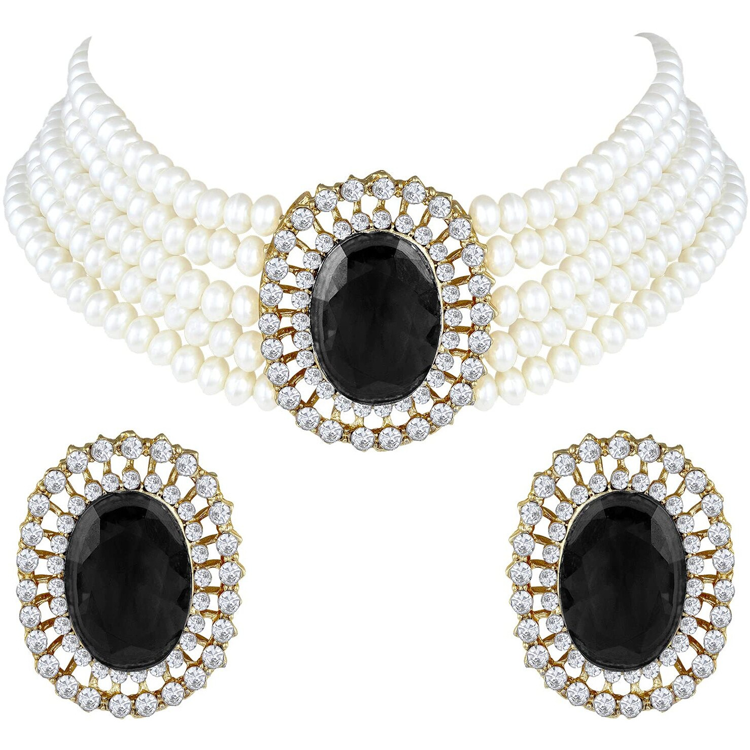 Peora Gold Plated Oval Black Stone Beaded Adjustable Necklace Jewellery Set for Women