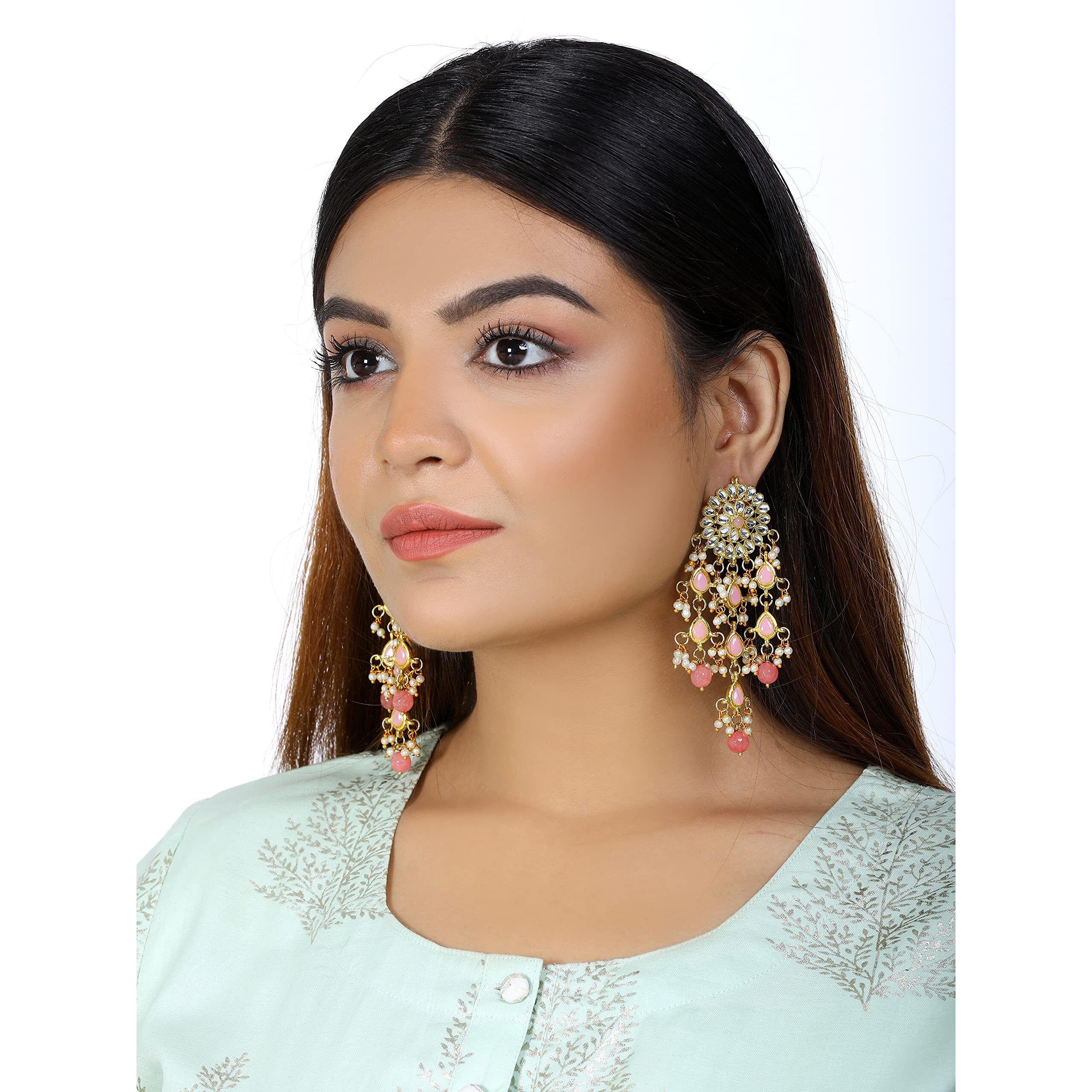 Karatcart Gold Plated Kundan Tassel Earrings for Women (Peach)