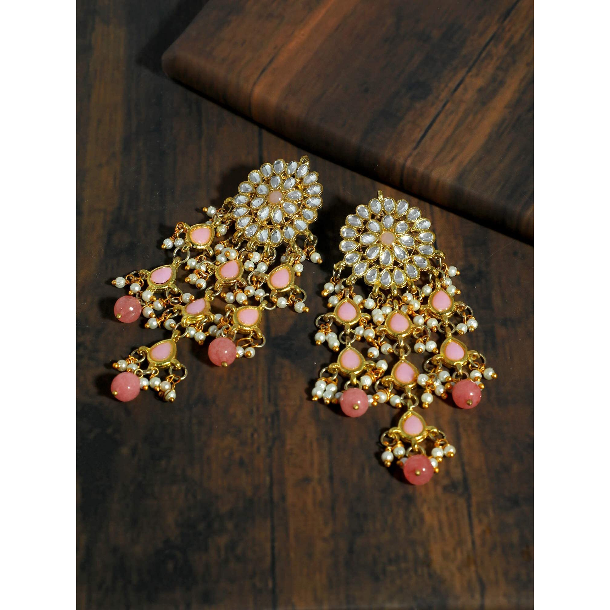 Karatcart Gold Plated Kundan Tassel Earrings for Women (Peach)