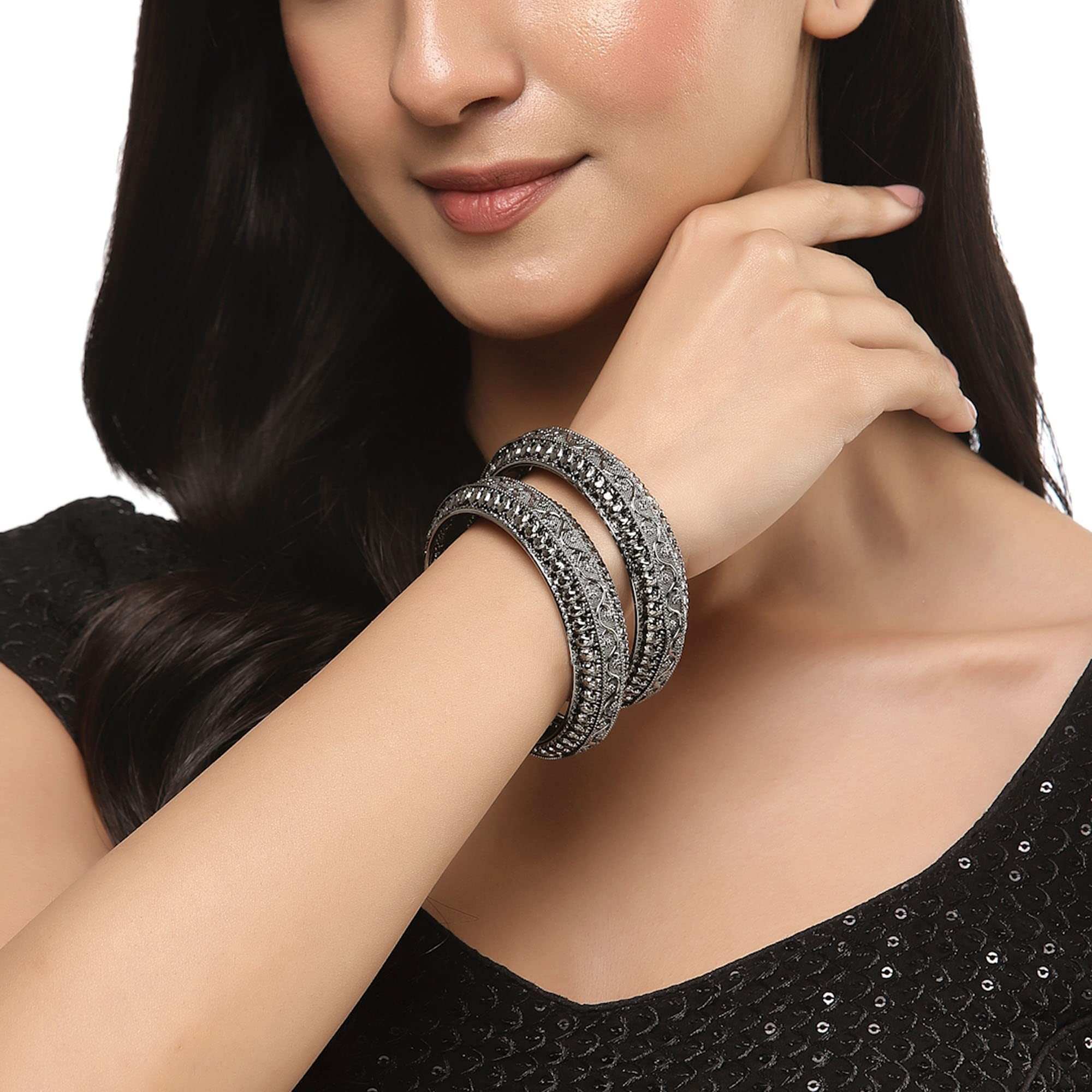 ZENEME Bangle Gold Plated American Studded Royal Style Broad Golden Antique Kada Bangle Jewellery Combo Of 2 For Girls & Women (Black, 2.8)